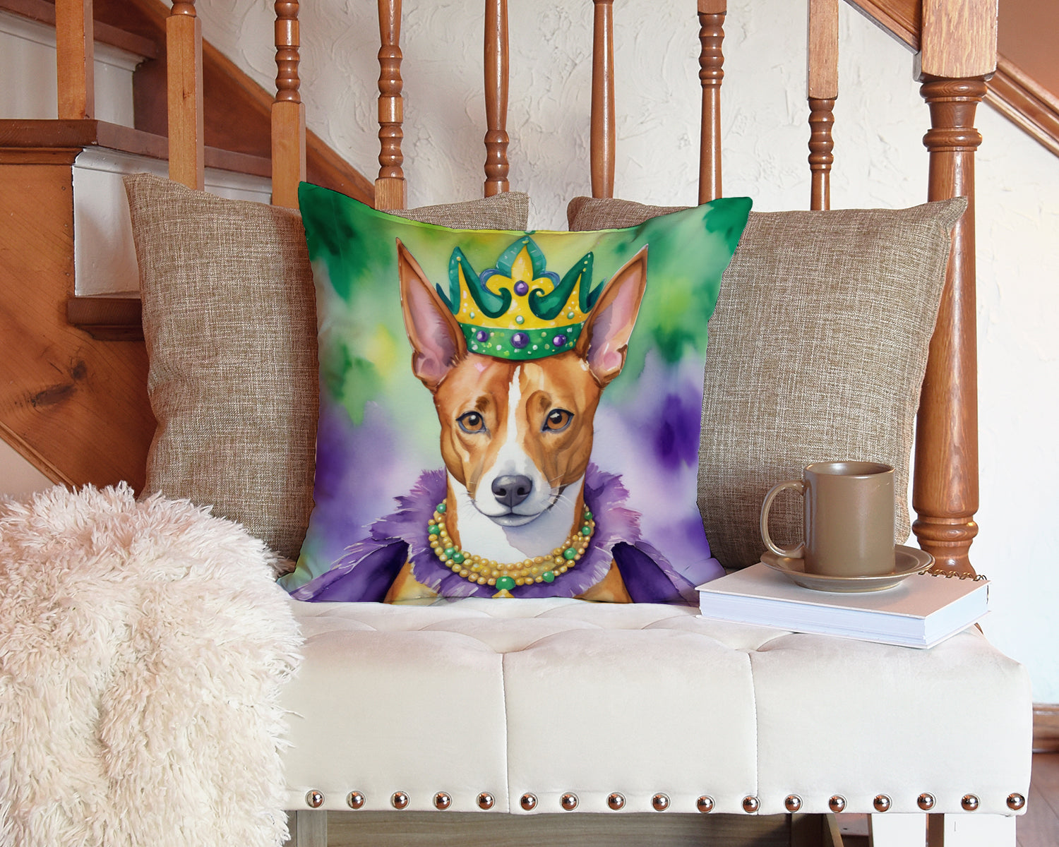 Basenji King of Mardi Gras Decorative Throw Pillow 14x14 Indoor Outdoor Accent Cushion, Fabric Cover with Insert for Sofa, Bed, Porch & Living Room