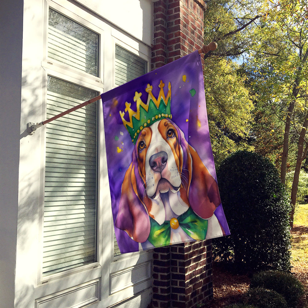Basset Hound King of Mardi Gras House Flag 28x40 Porch Sleeve Pole Decorative Outside Yard Banner Artwork Wall Hanging, Polyester