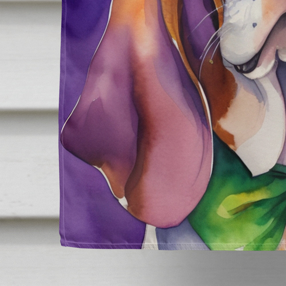 Basset Hound King of Mardi Gras House Flag 28x40 Porch Sleeve Pole Decorative Outside Yard Banner Artwork Wall Hanging, Polyester