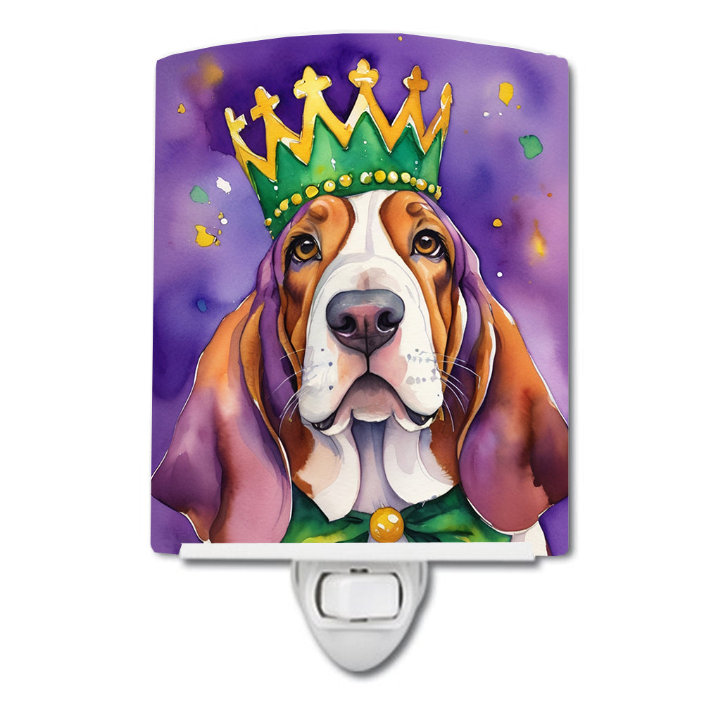 Basset Hound King of Mardi Gras Ceramic Night Light Compact, UL-Certified, Ideal for Bedroom, Bathroom, Nursery, Hallway, Kitchen, 6x4x3, Multicolor