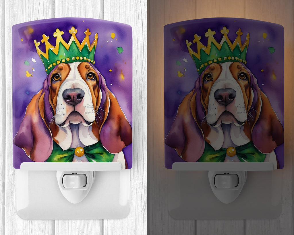 Basset Hound King of Mardi Gras Ceramic Night Light Compact, UL-Certified, Ideal for Bedroom, Bathroom, Nursery, Hallway, Kitchen, 6x4x3, Multicolor