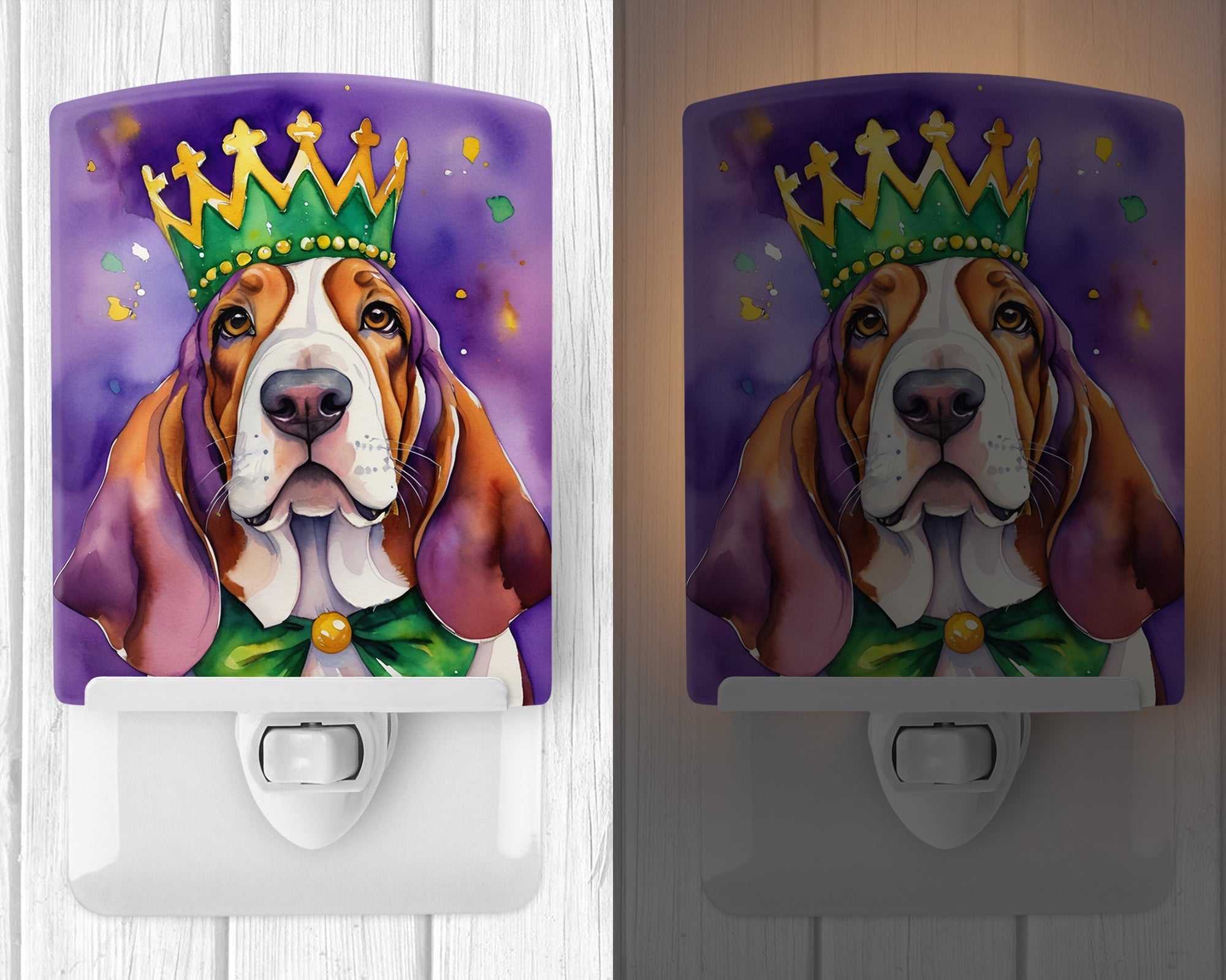 Basset Hound King of Mardi Gras Ceramic Night Light Compact, UL-Certified, Ideal for Bedroom, Bathroom, Nursery, Hallway, Kitchen, 6x4x3, Multicolor