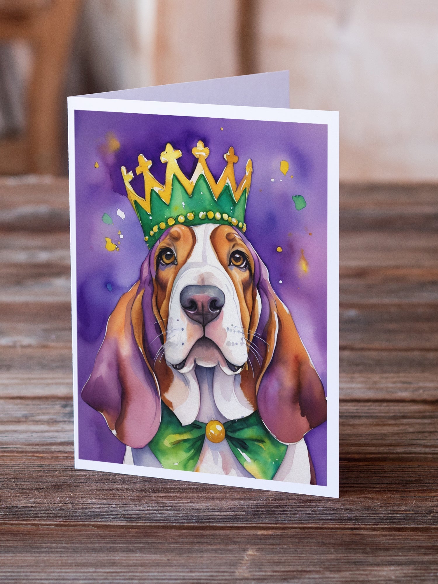Basset Hound King of Mardi Gras Greeting Cards Pack of 8 Blank Cards with Envelopes Whimsical A7 Size 5x7