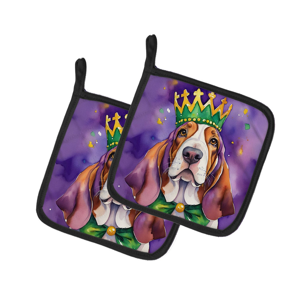 Basset Hound King of Mardi Gras Pot Holder Set of 2 Heat Resistant Quilted Hot Pads 7.5 x 7.5 Inch, Insulated Kitchen Trivets for Cooking & Baking