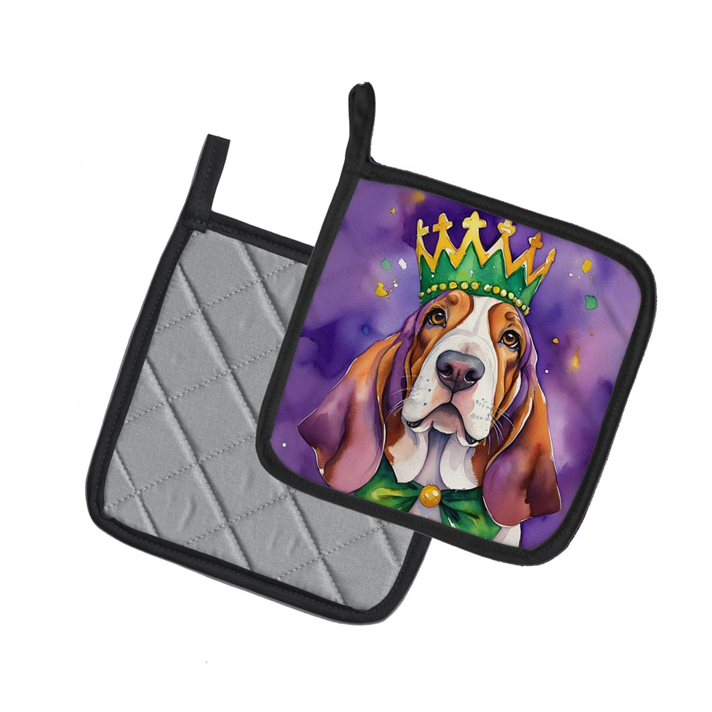 Basset Hound King of Mardi Gras Pot Holder Set of 2 Heat Resistant Quilted Hot Pads 7.5 x 7.5 Inch, Insulated Kitchen Trivets for Cooking & Baking