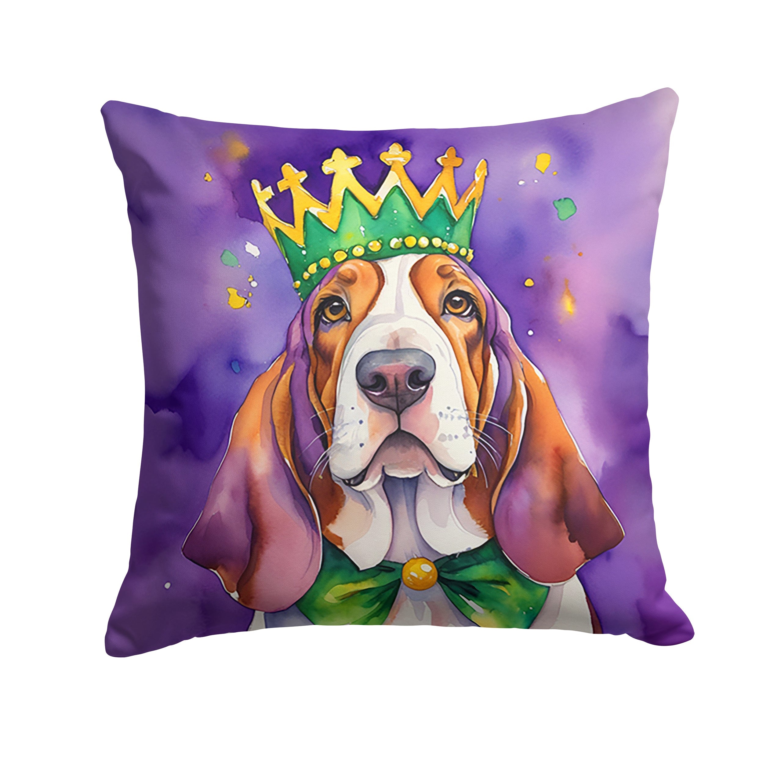 Basset Hound King of Mardi Gras Decorative Throw Pillow 14x14 Indoor Outdoor Accent Cushion, Fabric Cover with Insert for Sofa, Bed, Porch & Living Room