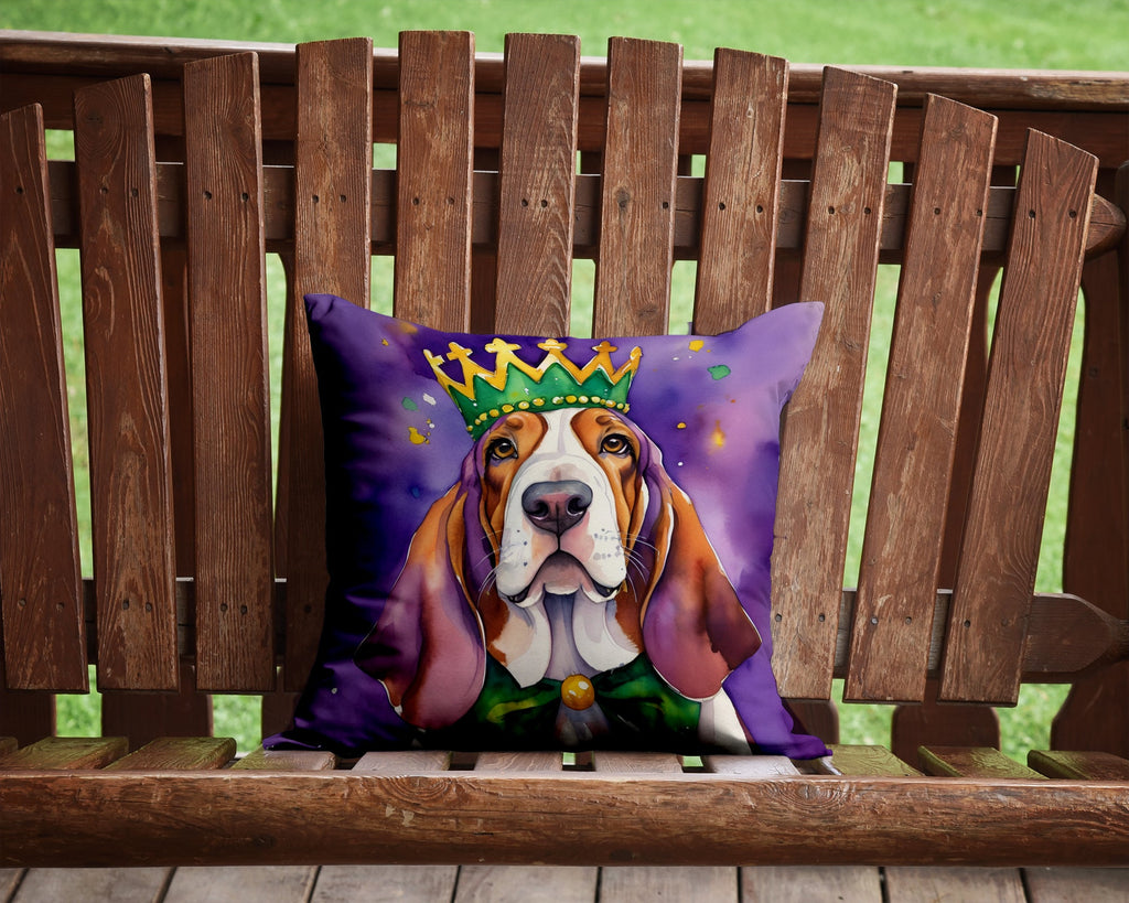 Basset Hound King of Mardi Gras Decorative Throw Pillow 14x14 Indoor Outdoor Accent Cushion, Fabric Cover with Insert for Sofa, Bed, Porch & Living Room