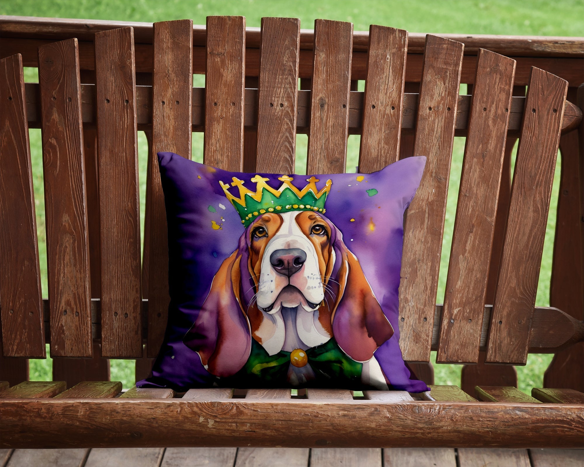 Basset Hound King of Mardi Gras Decorative Throw Pillow 14x14 Indoor Outdoor Accent Cushion, Fabric Cover with Insert for Sofa, Bed, Porch & Living Room