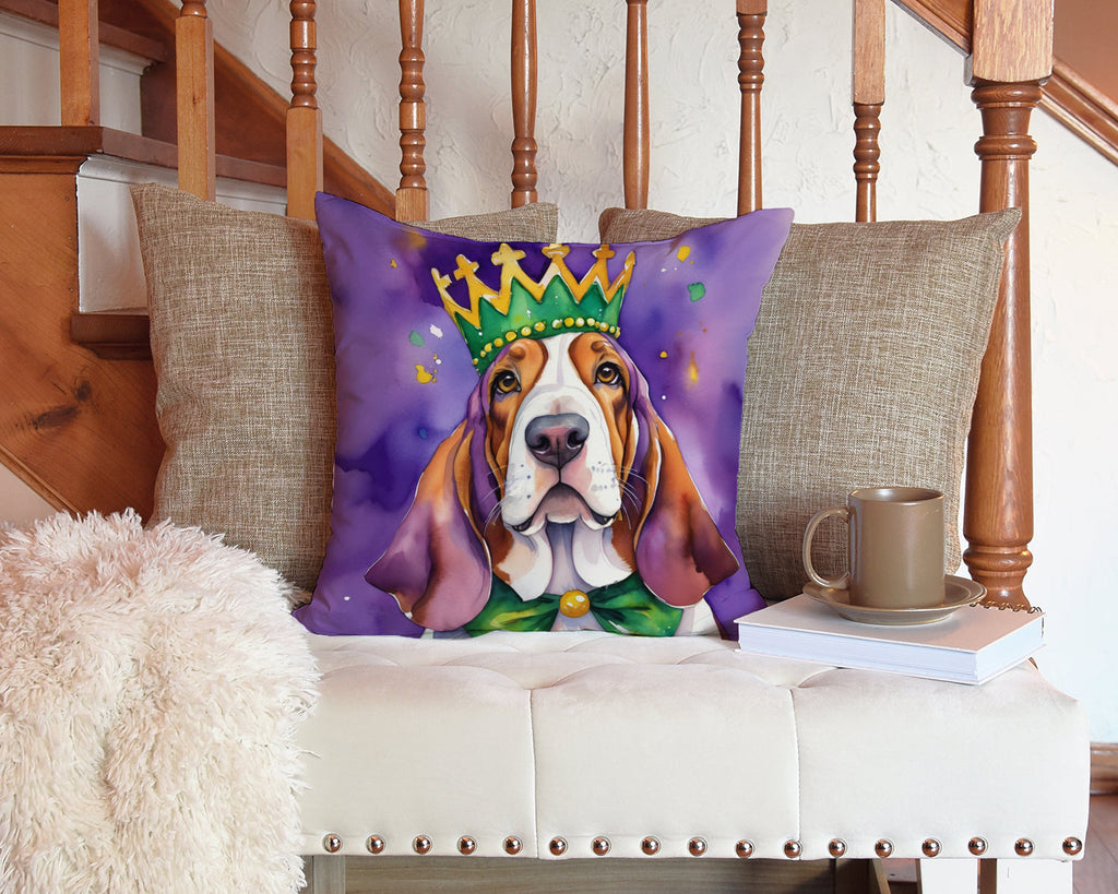 Basset Hound King of Mardi Gras Decorative Throw Pillow 14x14 Indoor Outdoor Accent Cushion, Fabric Cover with Insert for Sofa, Bed, Porch & Living Room