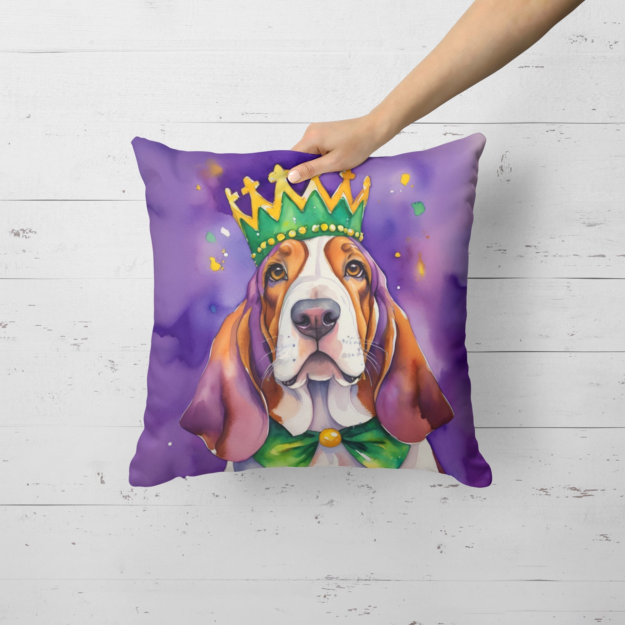 Basset Hound King of Mardi Gras Decorative Throw Pillow 18x18 Indoor Outdoor Accent Cushion, Fabric Cover with Insert for Sofa, Bed, Porch & Living Room