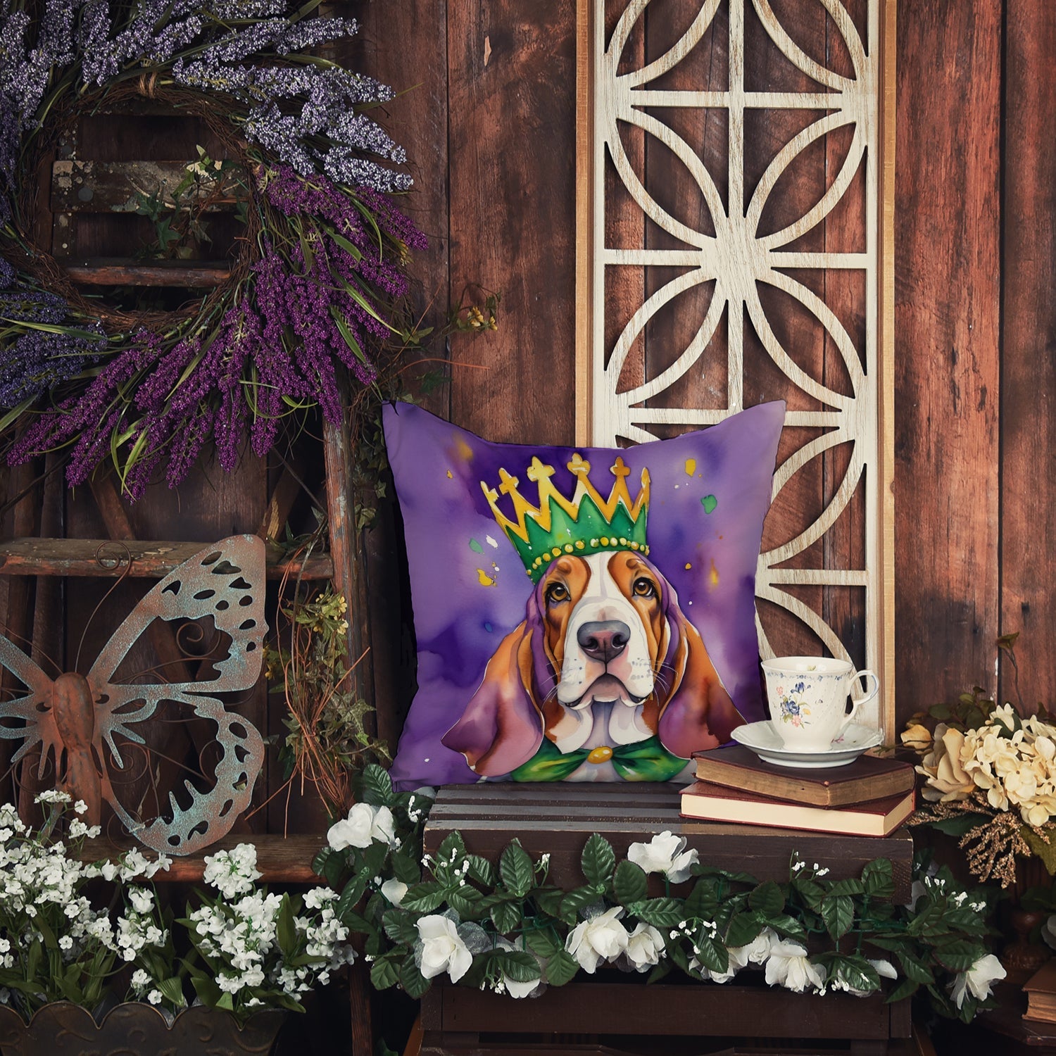 Basset Hound King of Mardi Gras Decorative Throw Pillow 18x18 Indoor Outdoor Accent Cushion, Fabric Cover with Insert for Sofa, Bed, Porch & Living Room