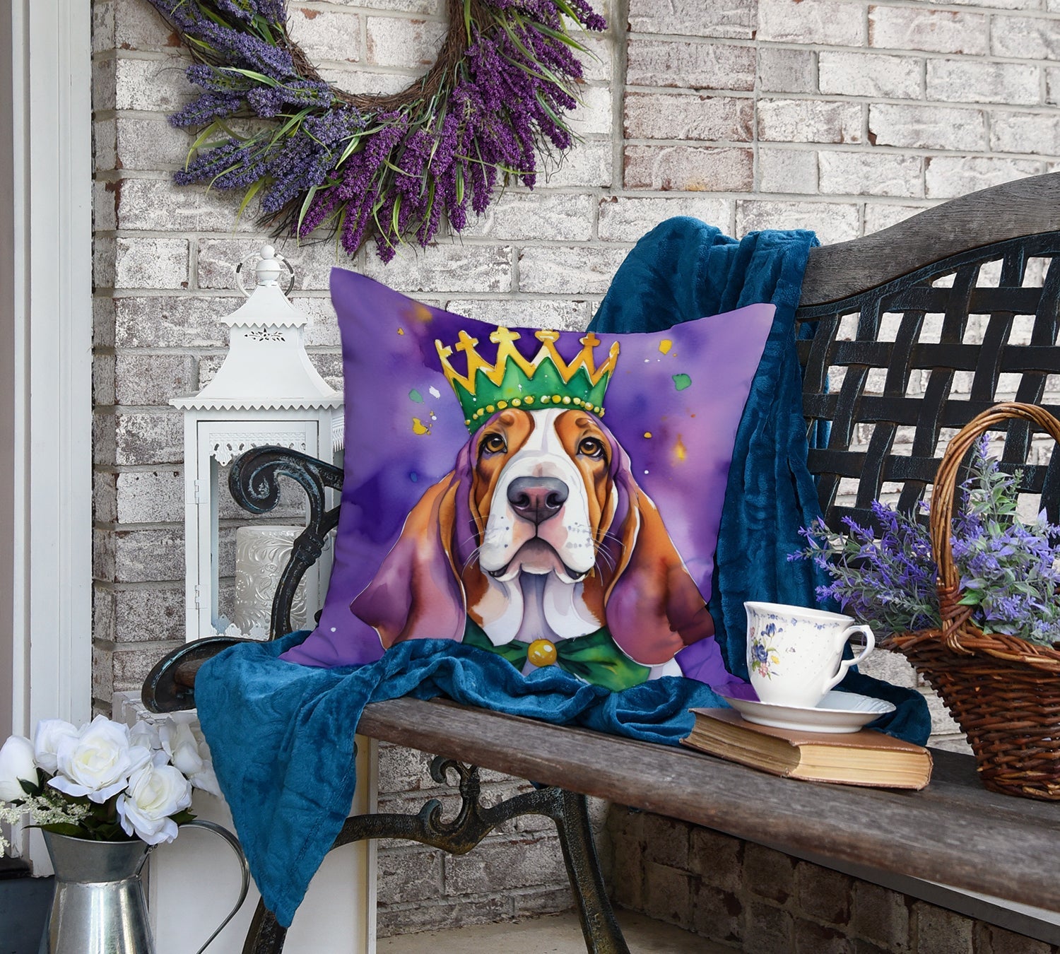 Basset Hound King of Mardi Gras Decorative Throw Pillow 18x18 Indoor Outdoor Accent Cushion, Fabric Cover with Insert for Sofa, Bed, Porch & Living Room