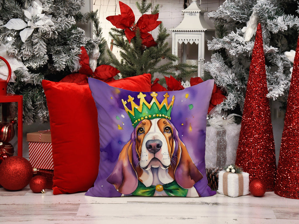 Basset Hound King of Mardi Gras Decorative Throw Pillow 18x18 Indoor Outdoor Accent Cushion, Fabric Cover with Insert for Sofa, Bed, Porch & Living Room