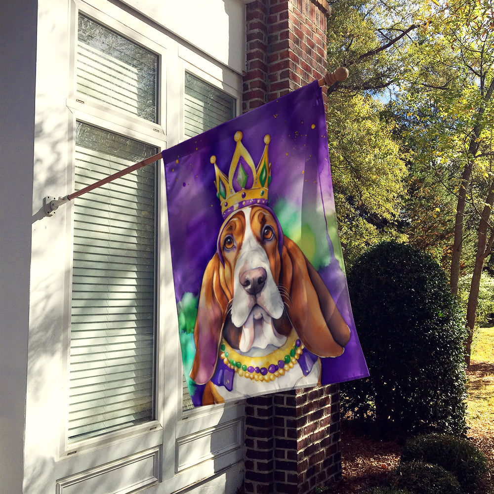 Basset Hound King of Mardi Gras House Flag 28x40 Porch Sleeve Pole Decorative Outside Yard Banner Artwork Wall Hanging, Polyester