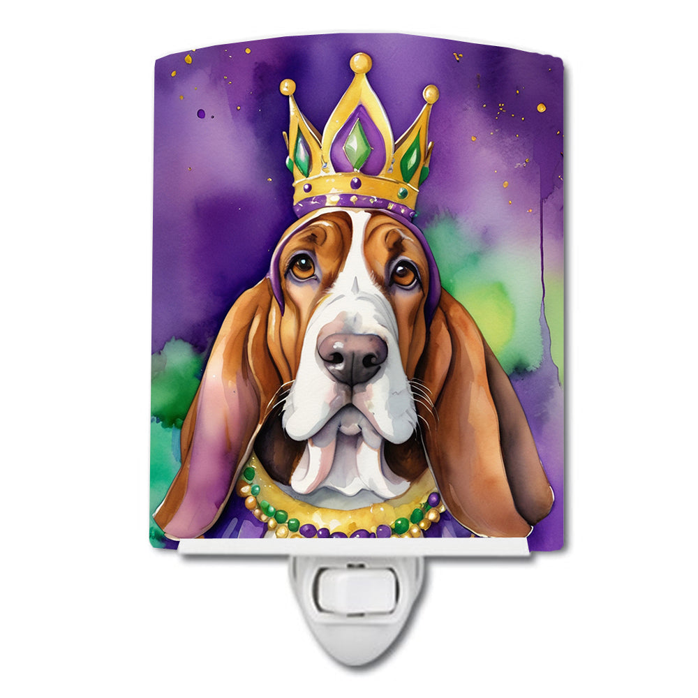 Basset Hound King of Mardi Gras Ceramic Night Light Compact, UL-Certified, Ideal for Bedroom, Bathroom, Nursery, Hallway, Kitchen, 6x4x3, Multicolor
