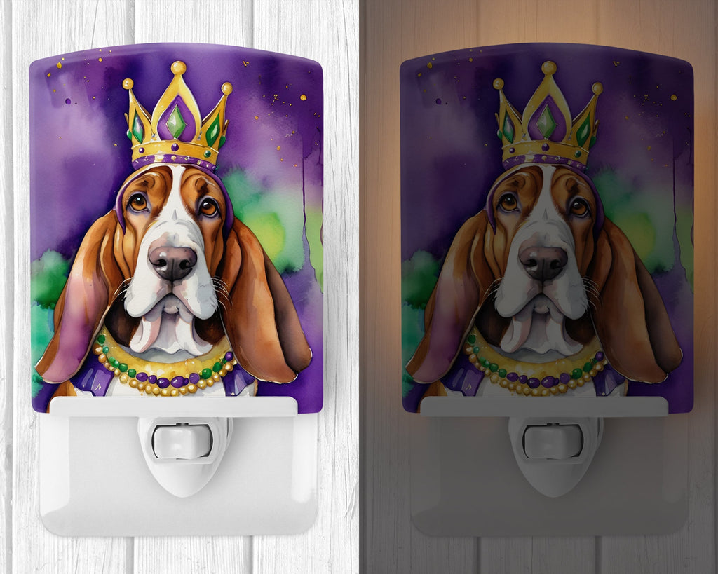 Basset Hound King of Mardi Gras Ceramic Night Light Compact, UL-Certified, Ideal for Bedroom, Bathroom, Nursery, Hallway, Kitchen, 6x4x3, Multicolor