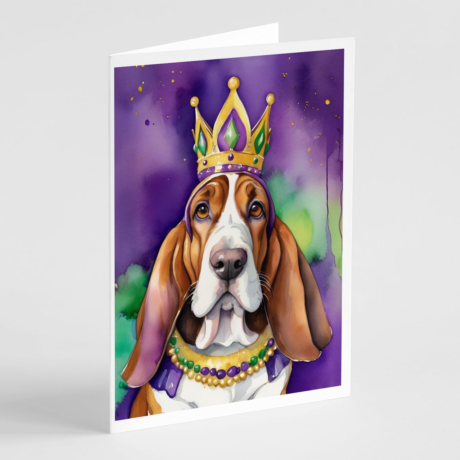 Basset Hound King of Mardi Gras Greeting Cards Pack of 8 Blank Cards with Envelopes Whimsical A7 Size 5x7