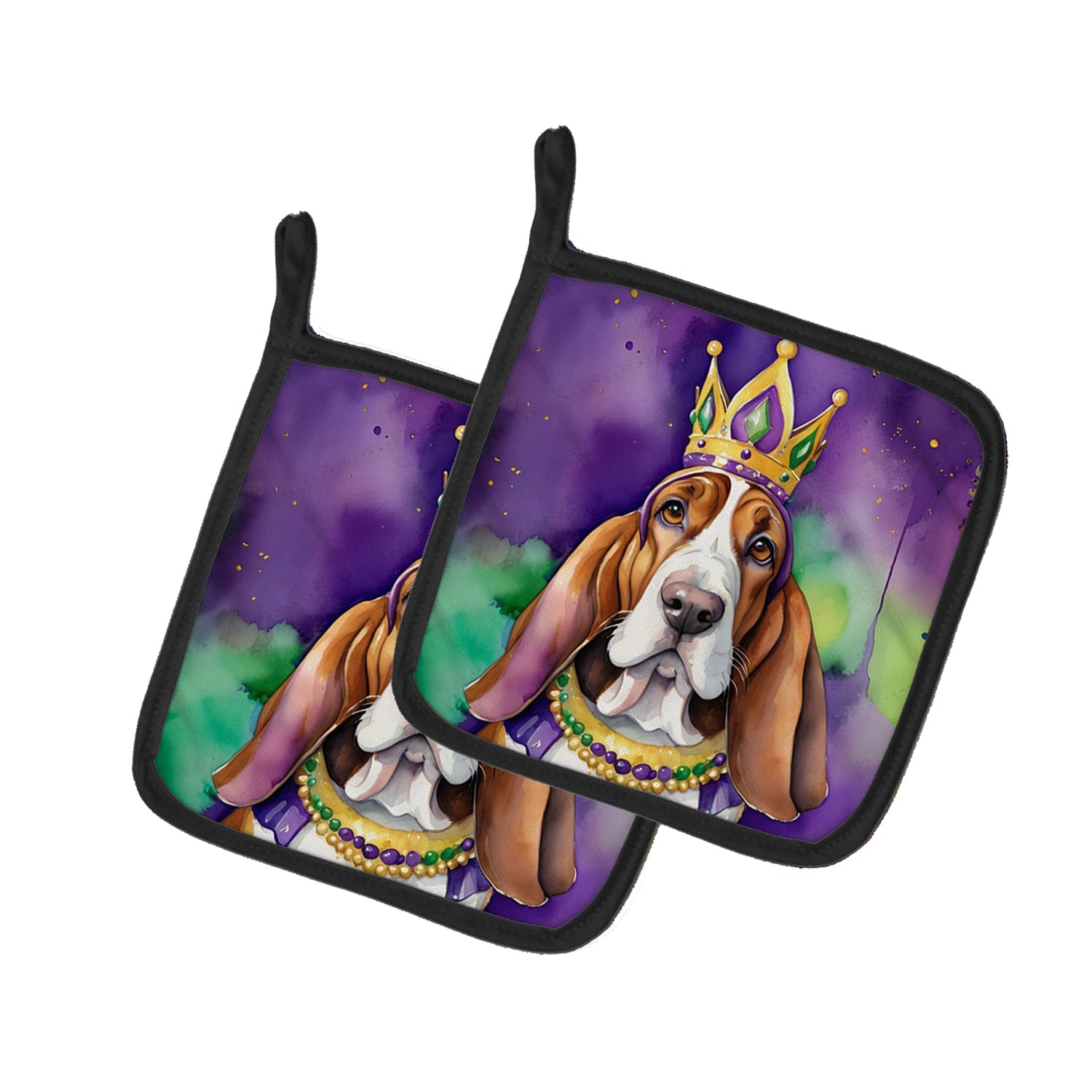 Basset Hound King of Mardi Gras Pot Holder Set of 2 Heat Resistant Quilted Hot Pads 7.5 x 7.5 Inch, Insulated Kitchen Trivets for Cooking & Baking