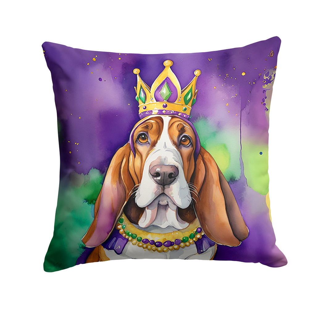 Basset Hound King of Mardi Gras Decorative Throw Pillow 14x14 Indoor Outdoor Accent Cushion, Fabric Cover with Insert for Sofa, Bed, Porch & Living Room