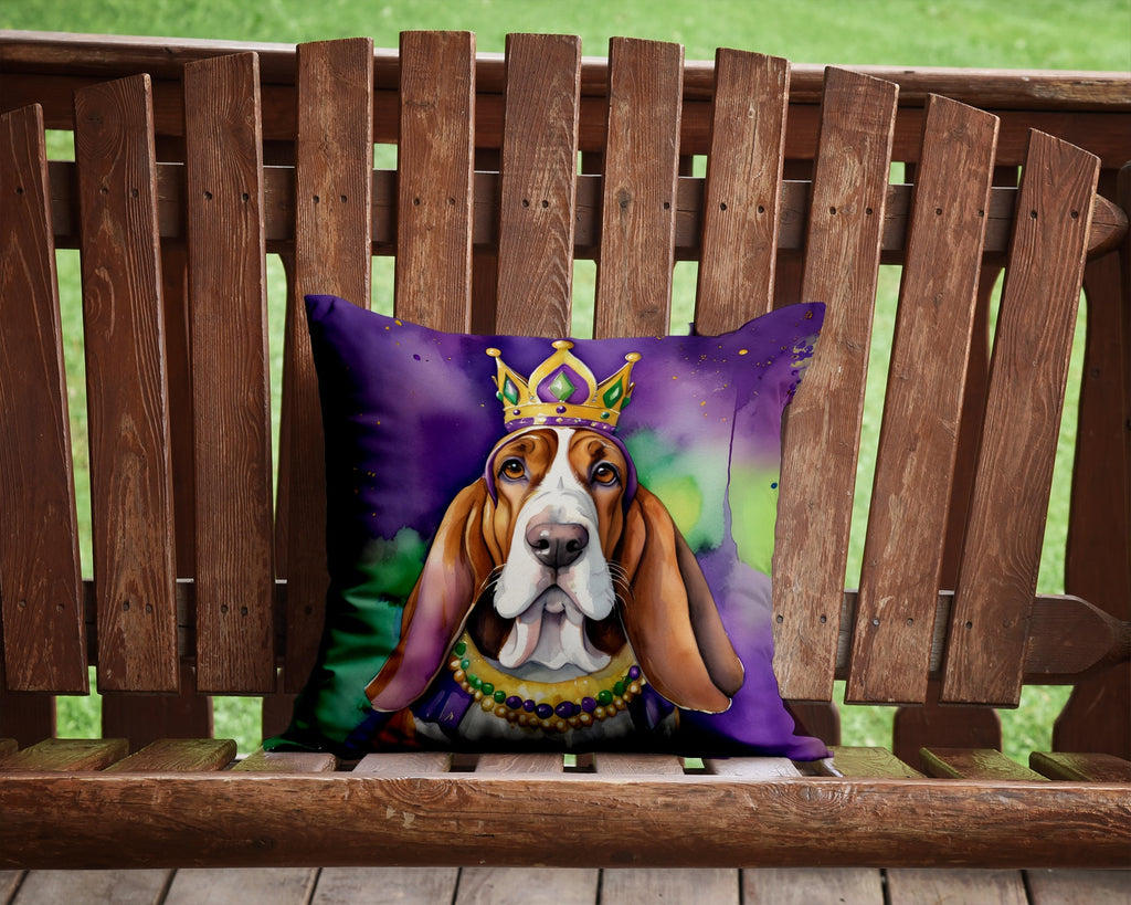 Basset Hound King of Mardi Gras Decorative Throw Pillow 14x14 Indoor Outdoor Accent Cushion, Fabric Cover with Insert for Sofa, Bed, Porch & Living Room