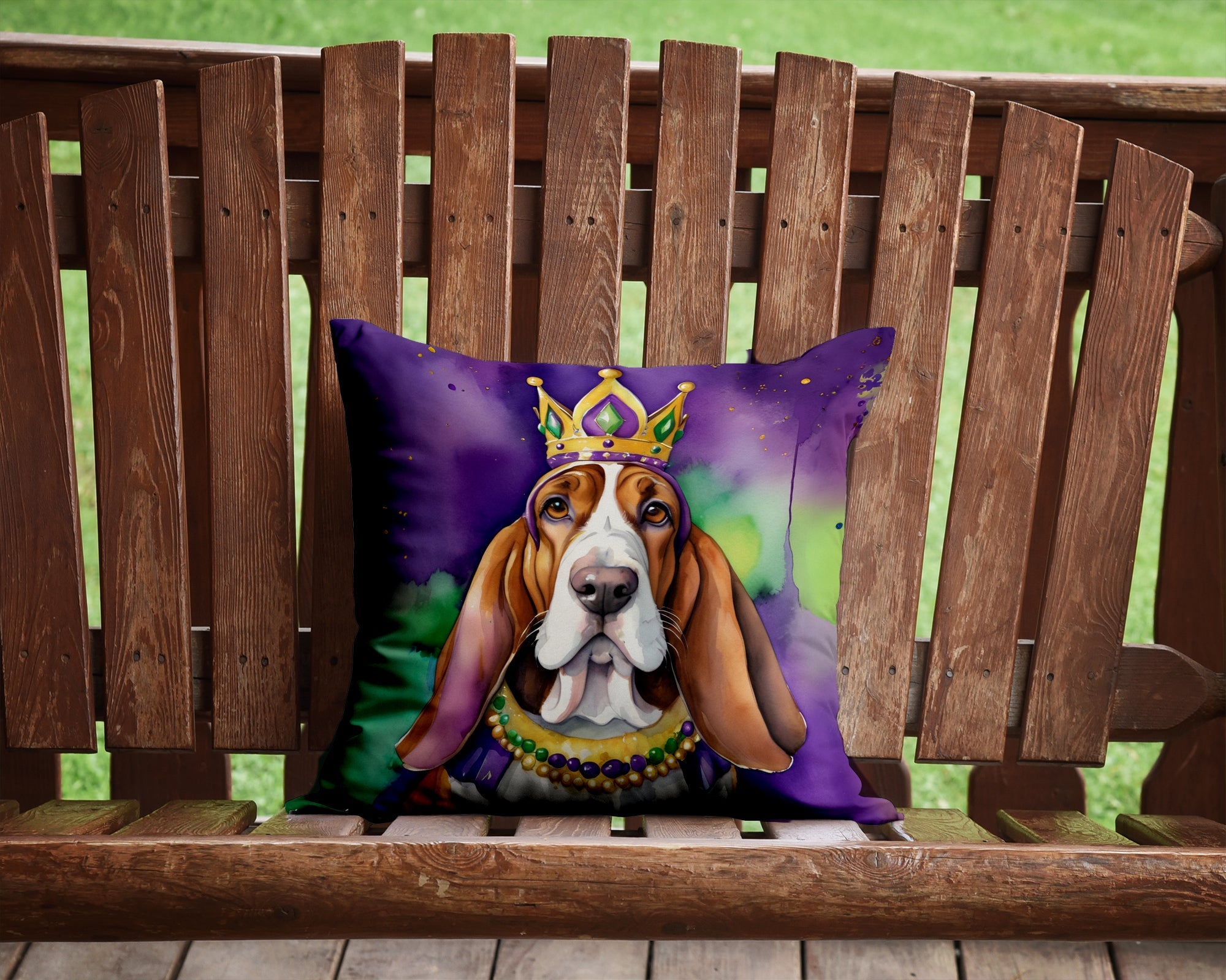 Basset Hound King of Mardi Gras Decorative Throw Pillow 14x14 Indoor Outdoor Accent Cushion, Fabric Cover with Insert for Sofa, Bed, Porch & Living Room