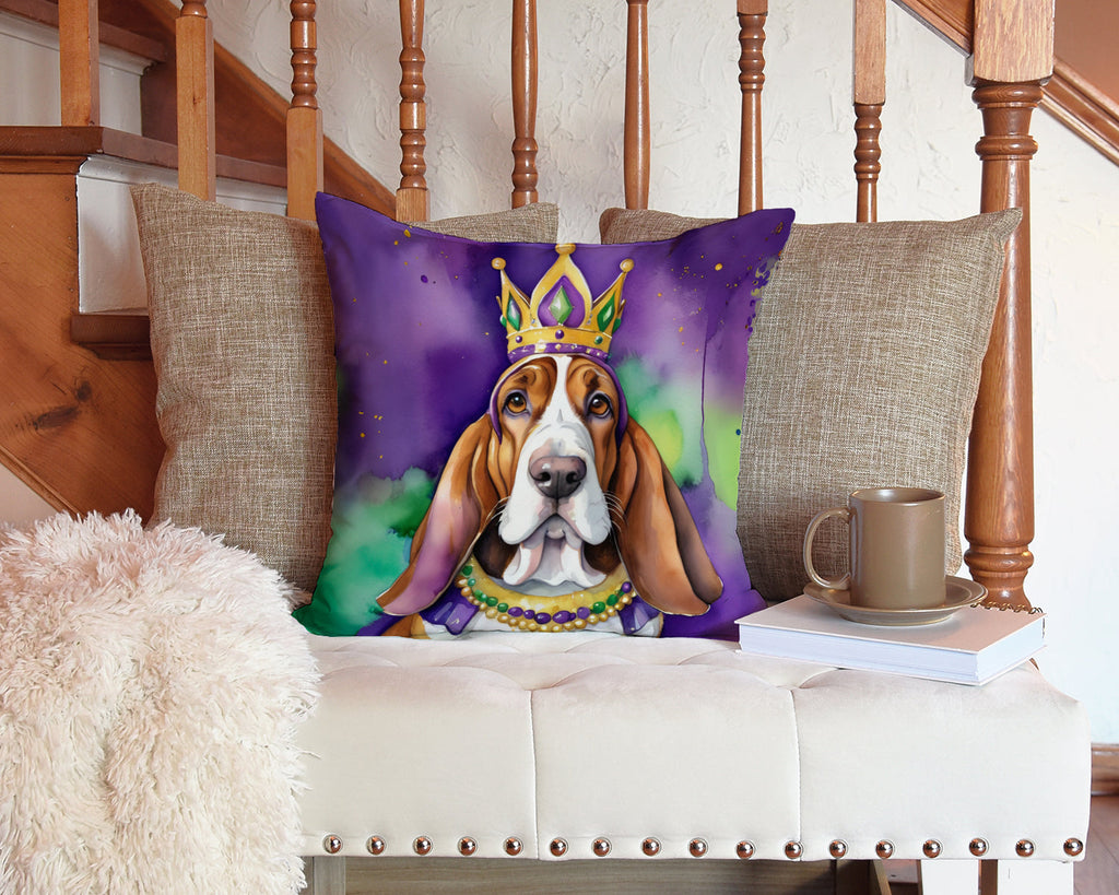 Basset Hound King of Mardi Gras Decorative Throw Pillow 14x14 Indoor Outdoor Accent Cushion, Fabric Cover with Insert for Sofa, Bed, Porch & Living Room