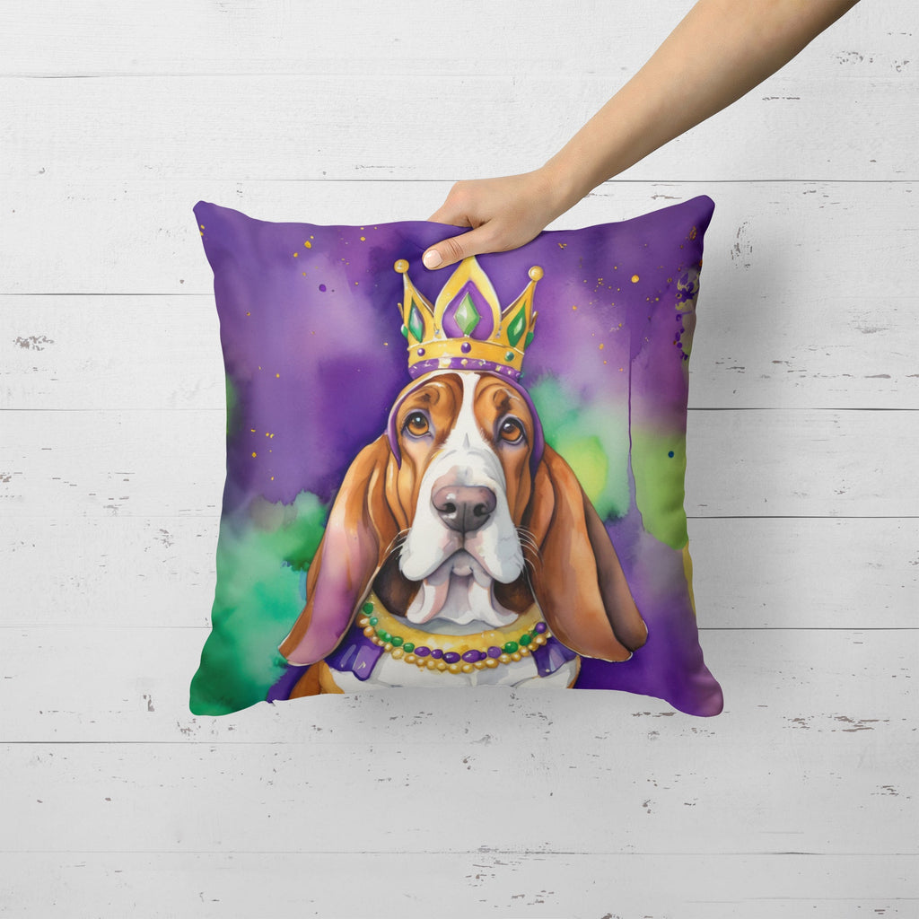 Basset Hound King of Mardi Gras Decorative Throw Pillow 18x18 Indoor Outdoor Accent Cushion, Fabric Cover with Insert for Sofa, Bed, Porch & Living Room