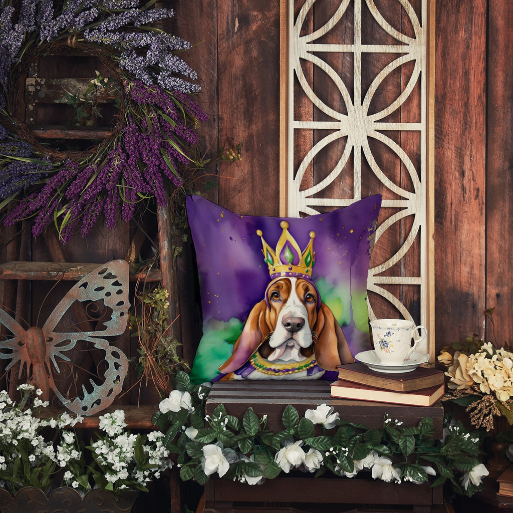 Basset Hound King of Mardi Gras Decorative Throw Pillow 18x18 Indoor Outdoor Accent Cushion, Fabric Cover with Insert for Sofa, Bed, Porch & Living Room