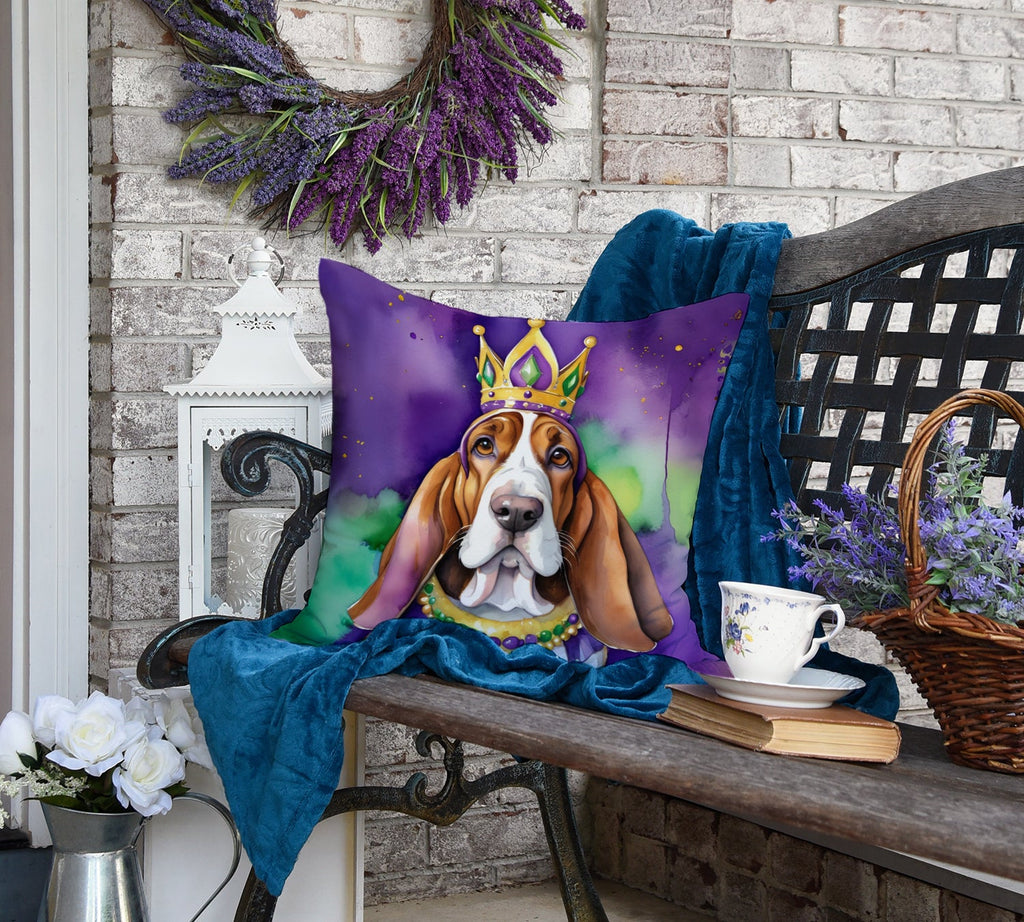 Basset Hound King of Mardi Gras Decorative Throw Pillow 18x18 Indoor Outdoor Accent Cushion, Fabric Cover with Insert for Sofa, Bed, Porch & Living Room