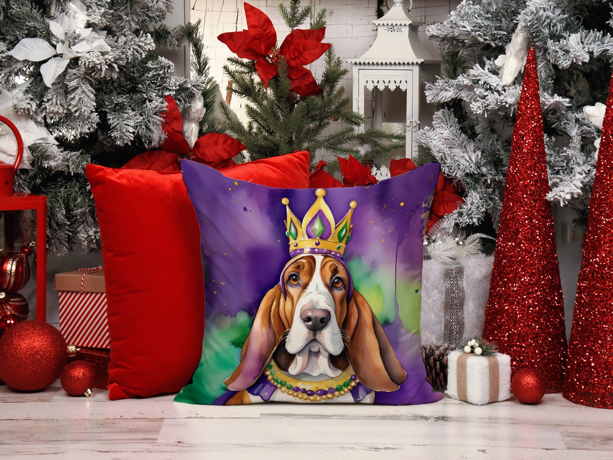 Basset Hound King of Mardi Gras Decorative Throw Pillow 18x18 Indoor Outdoor Accent Cushion, Fabric Cover with Insert for Sofa, Bed, Porch & Living Room