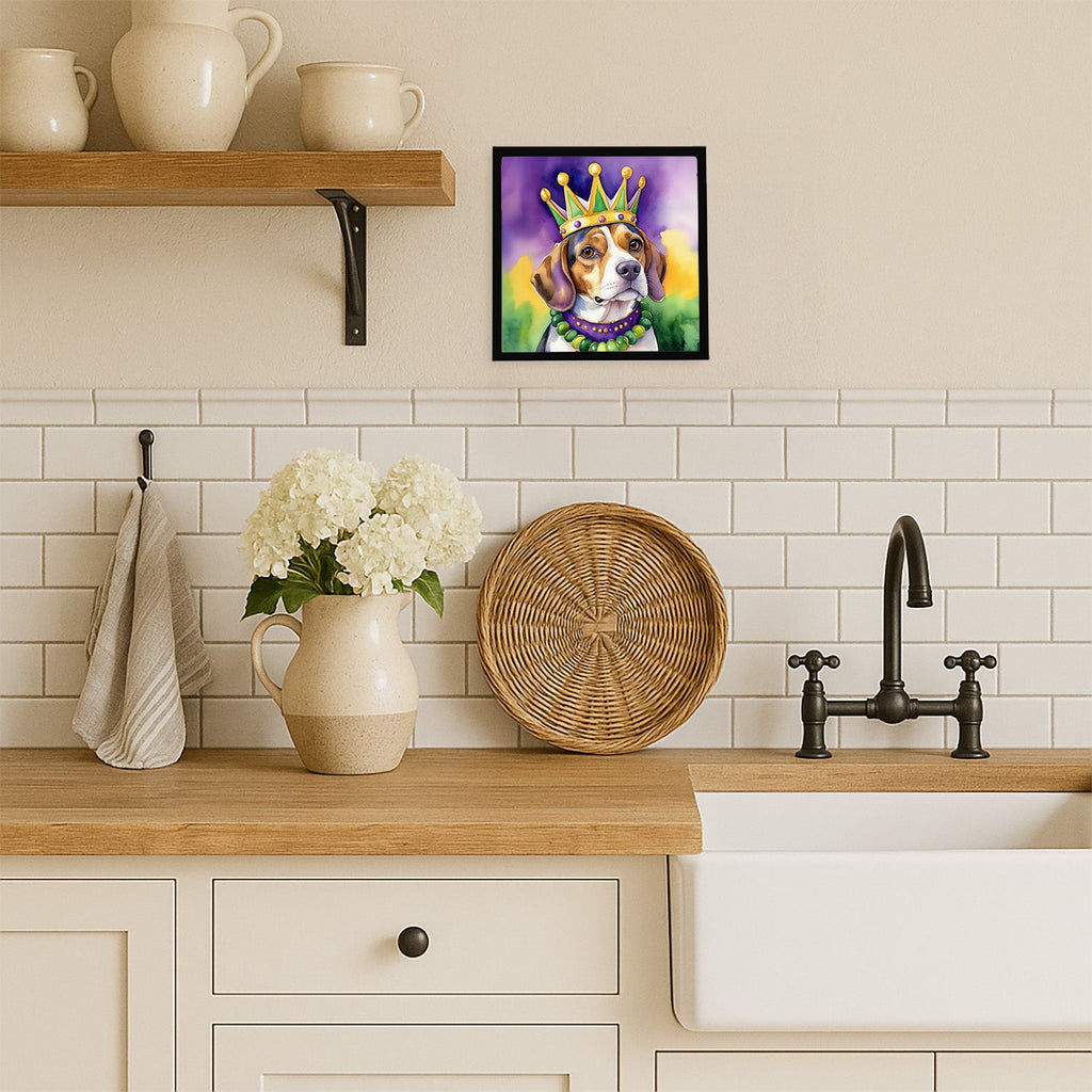Beagle King of Mardi Gras Framed Metal Print Bathroom, Kitchen, Office, Home Decor Wall Art Ready to Hang, Square, 8X8