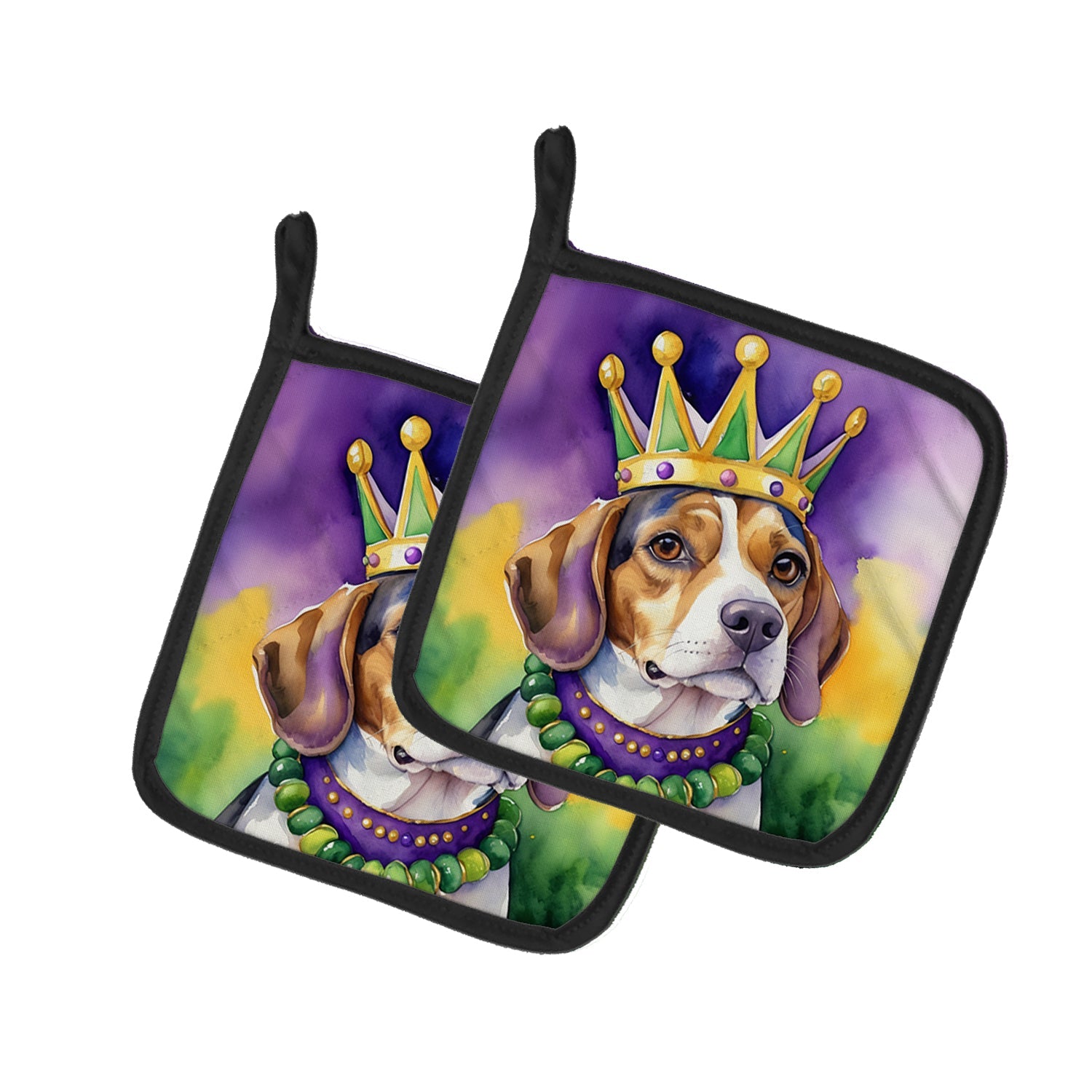 Beagle King of Mardi Gras Pot Holder Set of 2 Heat Resistant Quilted Hot Pads 7.5 x 7.5 Inch, Insulated Kitchen Trivets for Cooking & Baking