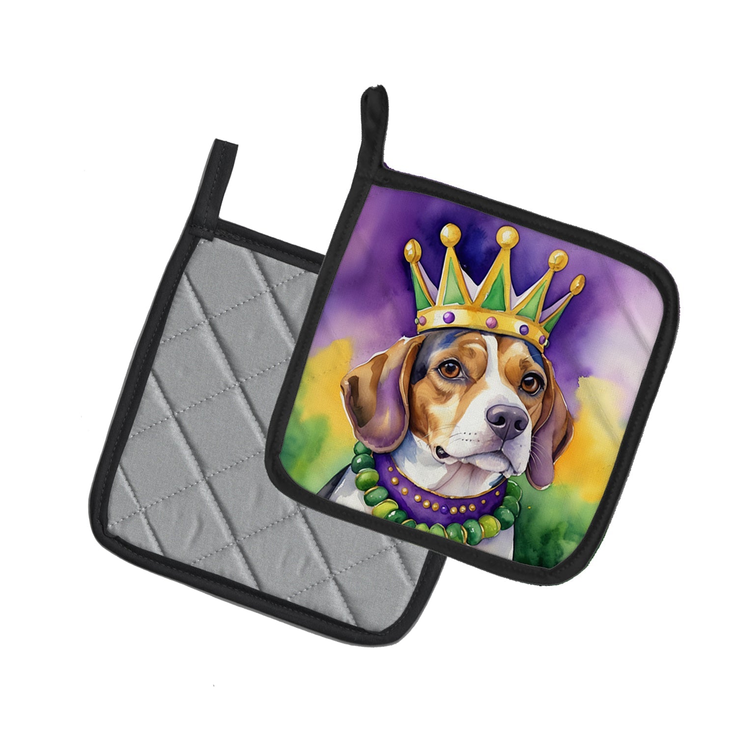 Beagle King of Mardi Gras Pot Holder Set of 2 Heat Resistant Quilted Hot Pads 7.5 x 7.5 Inch, Insulated Kitchen Trivets for Cooking & Baking