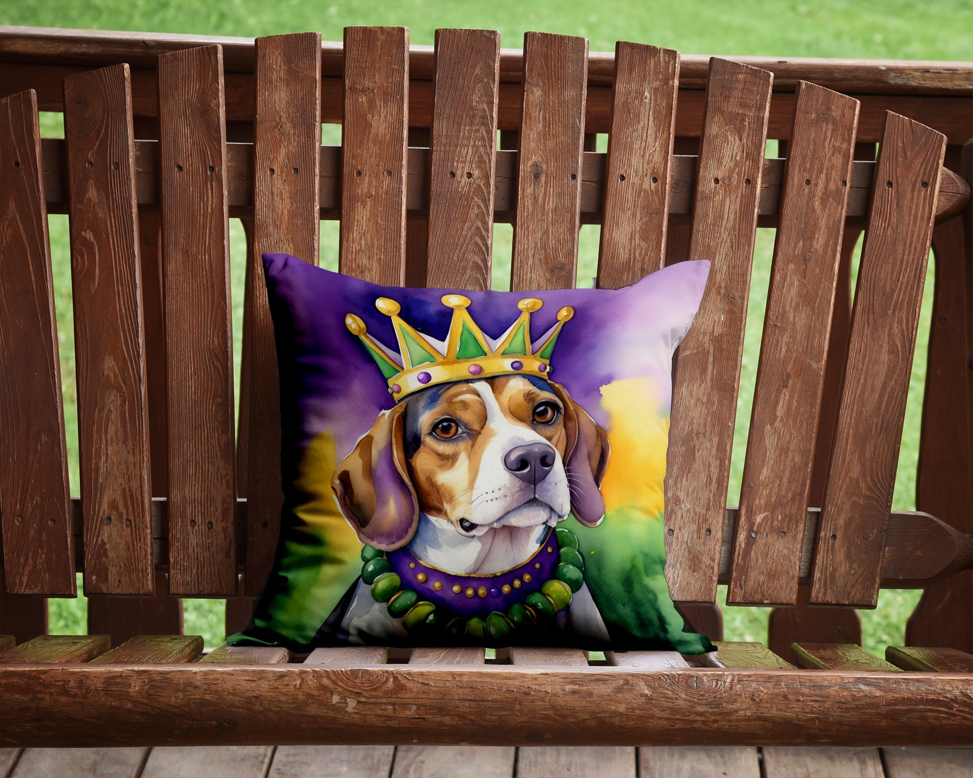 Beagle King of Mardi Gras Decorative Throw Pillow 14x14 Indoor Outdoor Accent Cushion, Fabric Cover with Insert for Sofa, Bed, Porch & Living Room