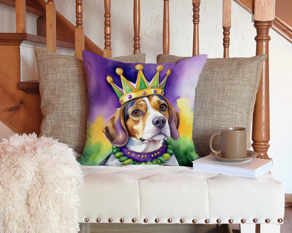 Beagle King of Mardi Gras Decorative Throw Pillow 14x14 Indoor Outdoor Accent Cushion, Fabric Cover with Insert for Sofa, Bed, Porch & Living Room