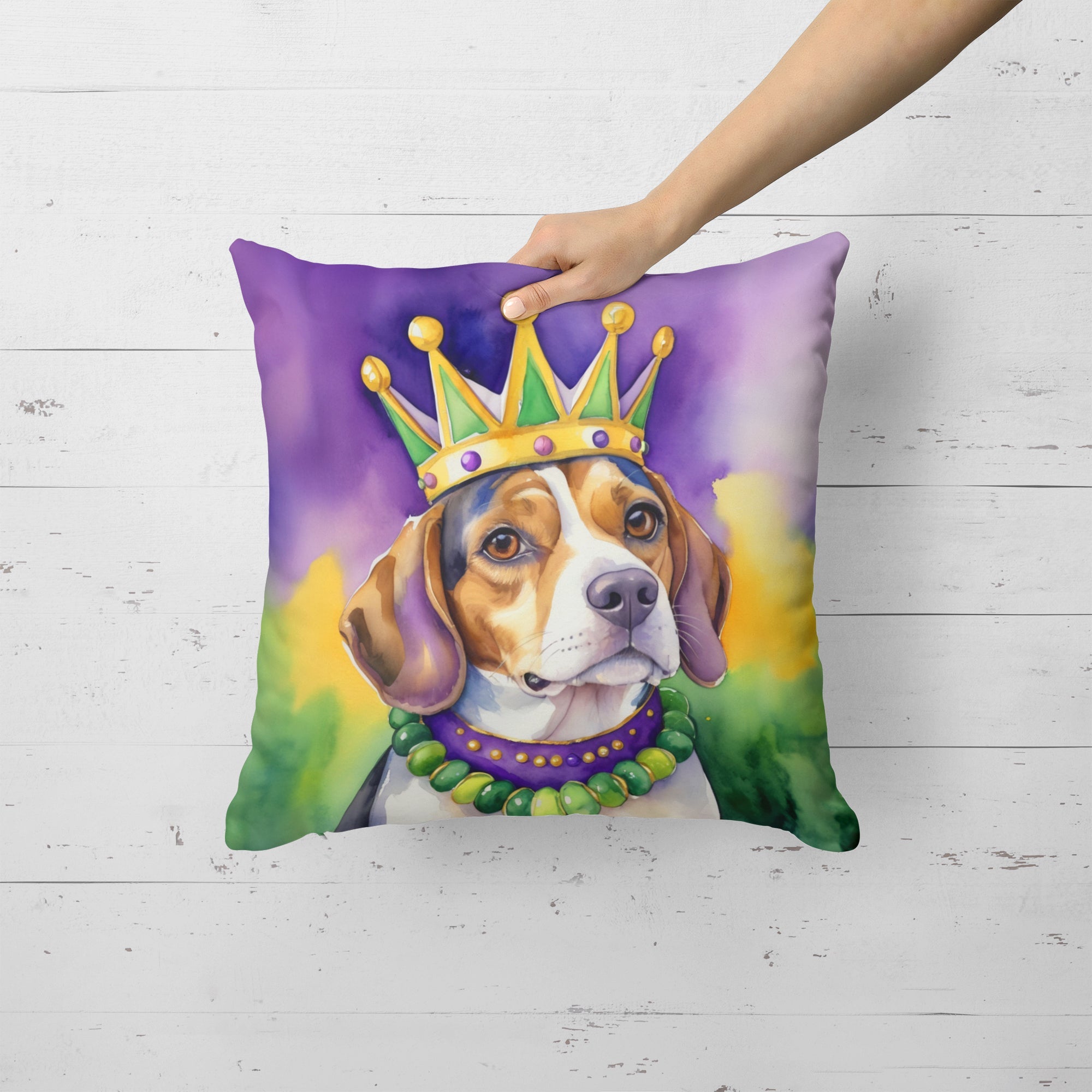 Beagle King of Mardi Gras Decorative Throw Pillow 18x18 Indoor Outdoor Accent Cushion, Fabric Cover with Insert for Sofa, Bed, Porch & Living Room