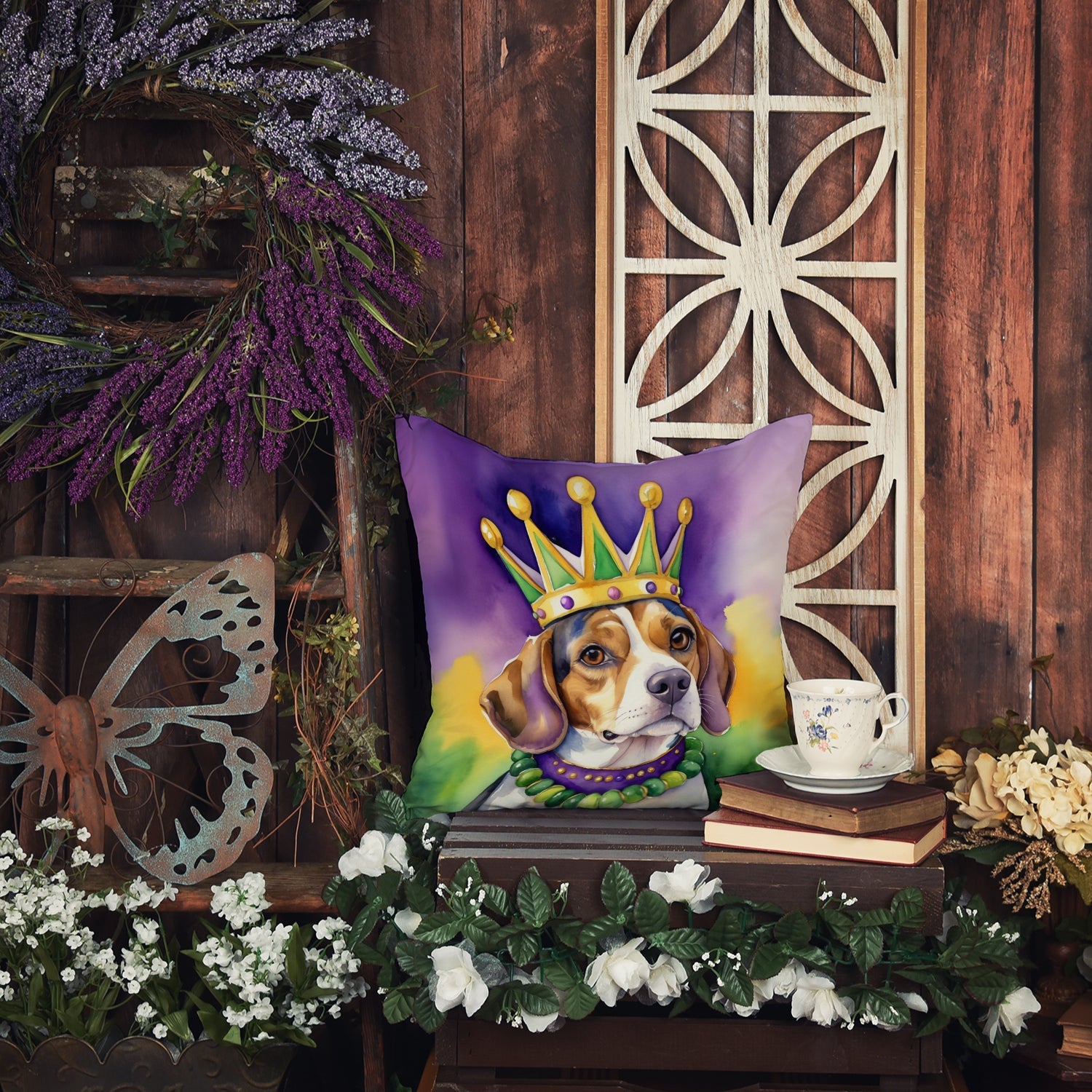 Beagle King of Mardi Gras Decorative Throw Pillow 18x18 Indoor Outdoor Accent Cushion, Fabric Cover with Insert for Sofa, Bed, Porch & Living Room
