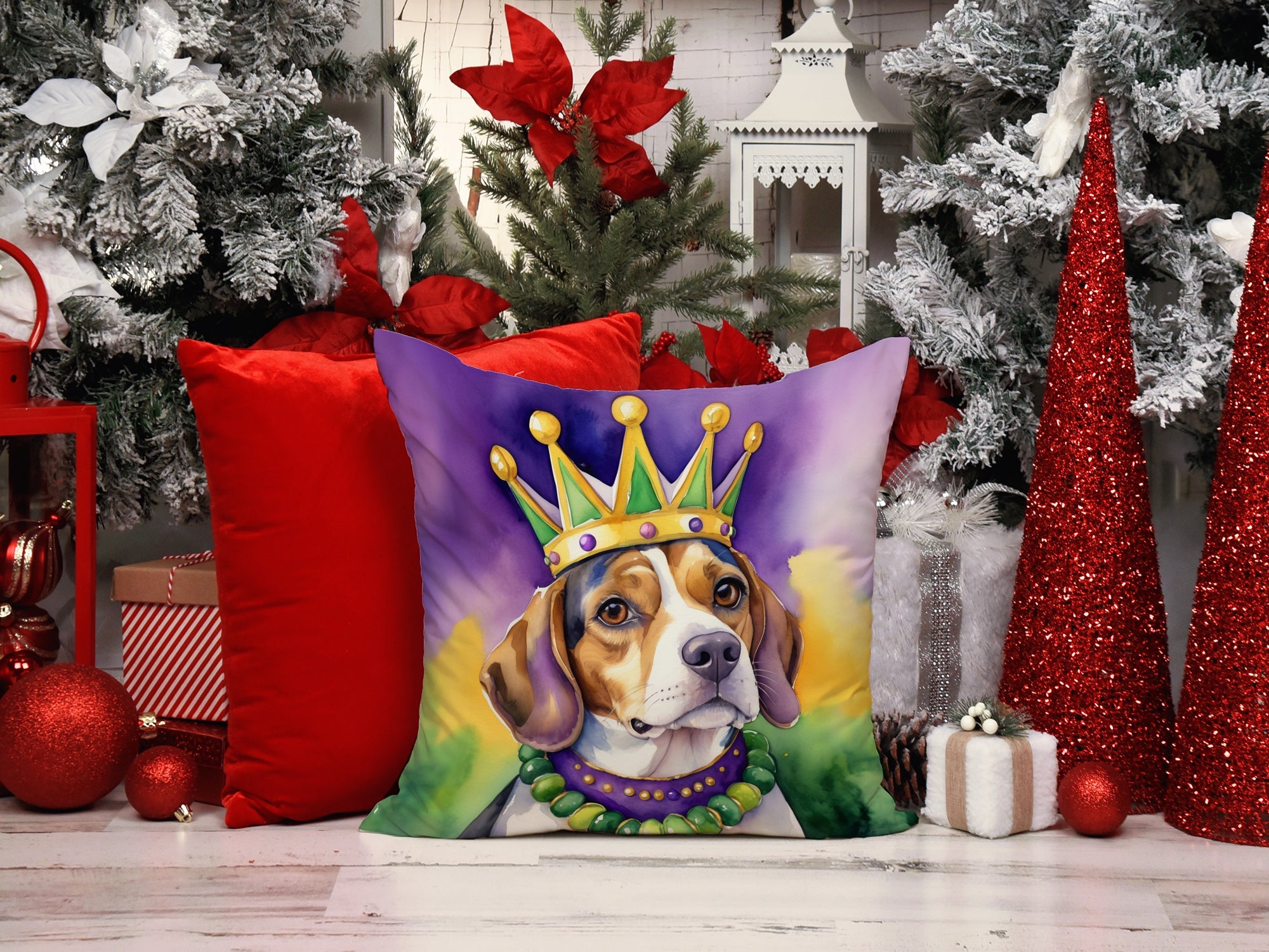 Beagle King of Mardi Gras Decorative Throw Pillow 18x18 Indoor Outdoor Accent Cushion, Fabric Cover with Insert for Sofa, Bed, Porch & Living Room