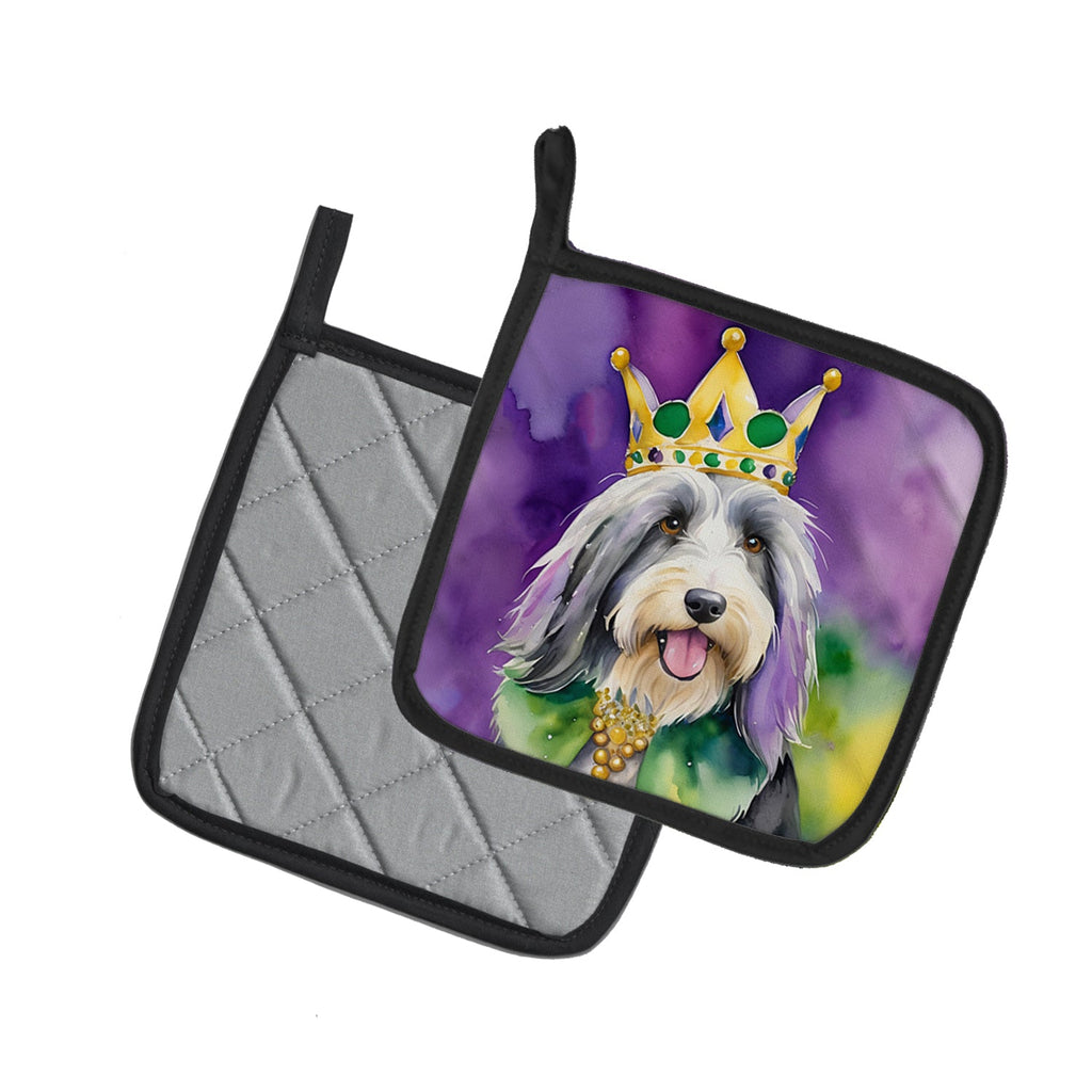 Bearded Collie King of Mardi Gras Pot Holder Set of 2 Heat Resistant Quilted Hot Pads 7.5 x 7.5 Inch, Insulated Kitchen Trivets for Cooking & Baking