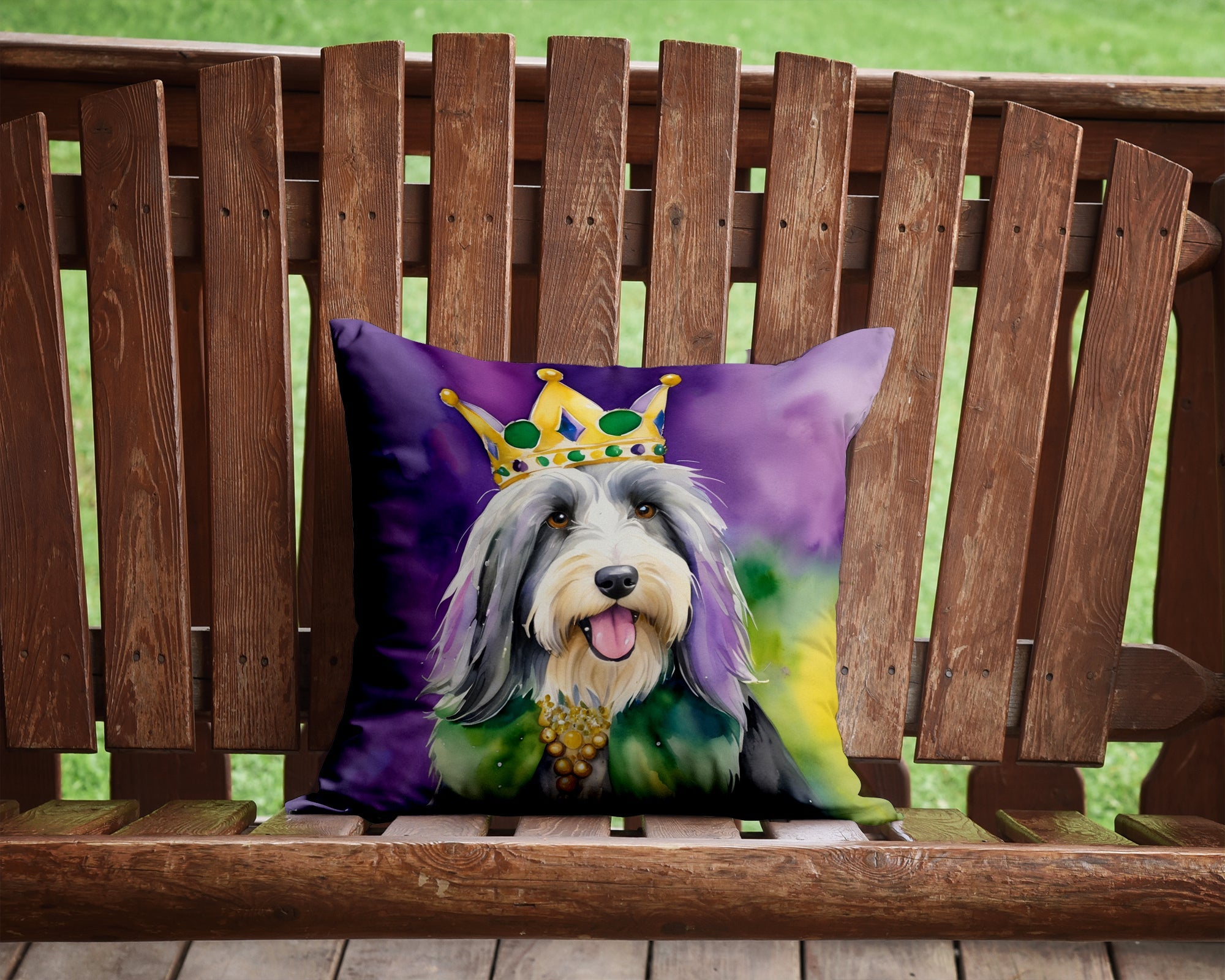 Bearded Collie King of Mardi Gras Decorative Throw Pillow 14x14 Indoor Outdoor Accent Cushion, Fabric Cover with Insert for Sofa, Bed, Porch & Living Room