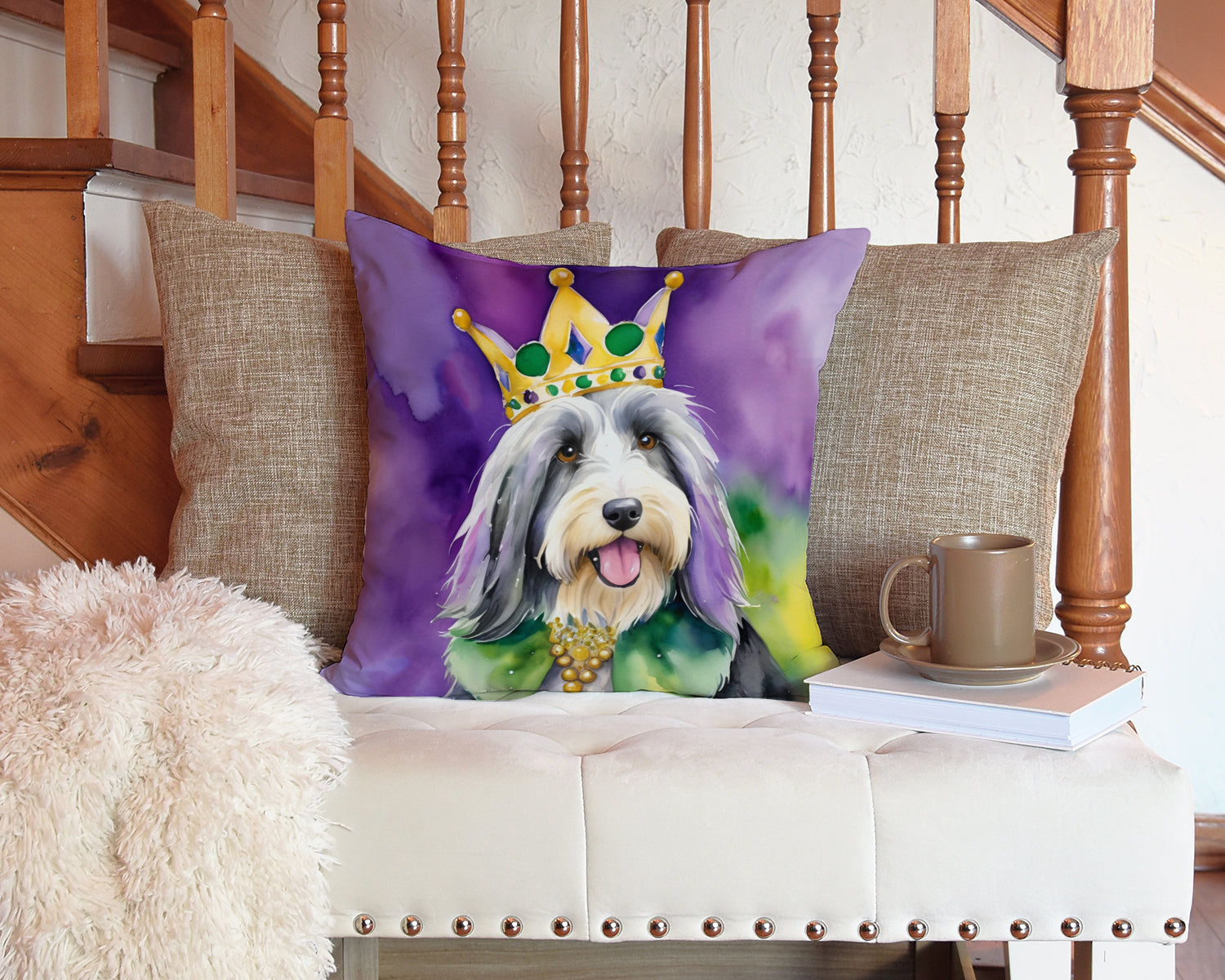 Bearded Collie King of Mardi Gras Decorative Throw Pillow 14x14 Indoor Outdoor Accent Cushion, Fabric Cover with Insert for Sofa, Bed, Porch & Living Room