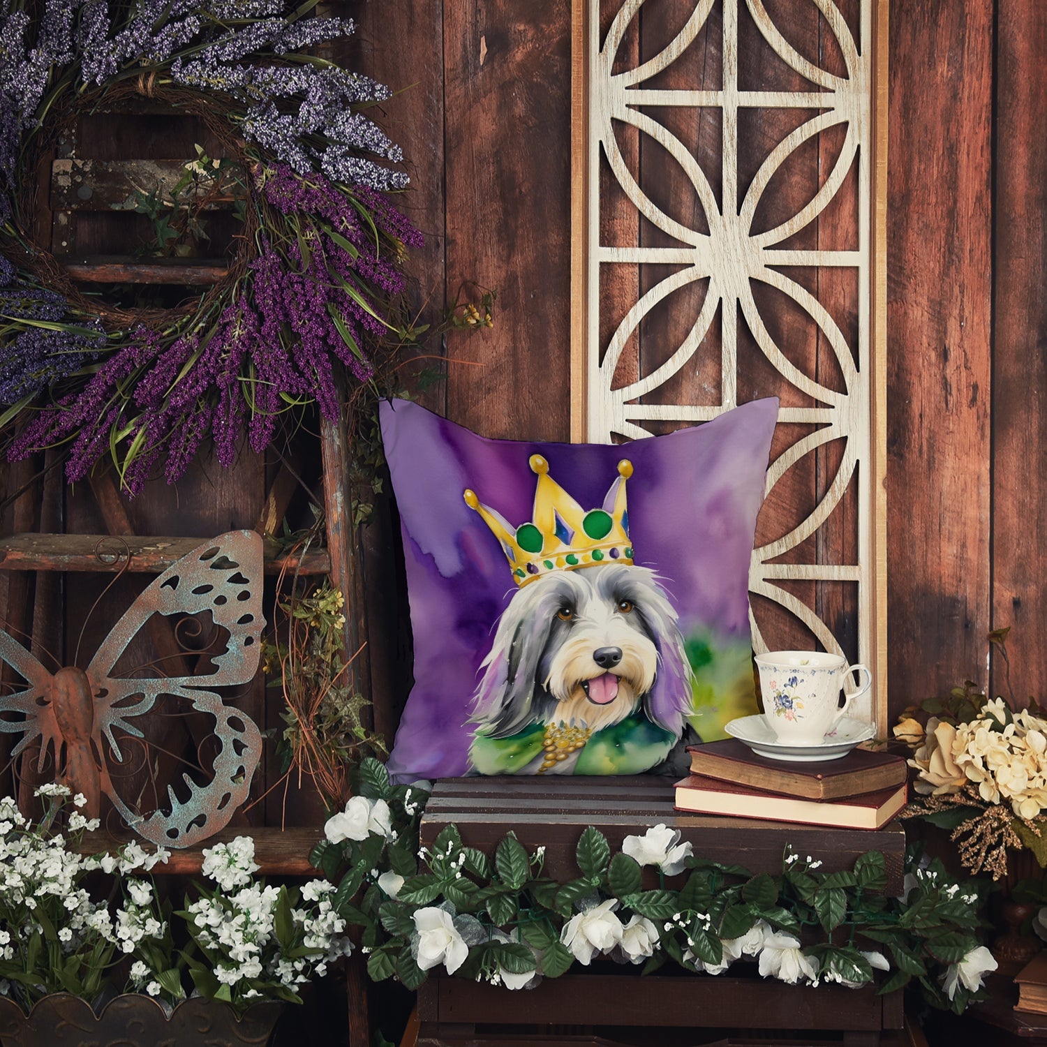 Bearded Collie King of Mardi Gras Decorative Throw Pillow 14x14 Indoor Outdoor Accent Cushion, Fabric Cover with Insert for Sofa, Bed, Porch & Living Room