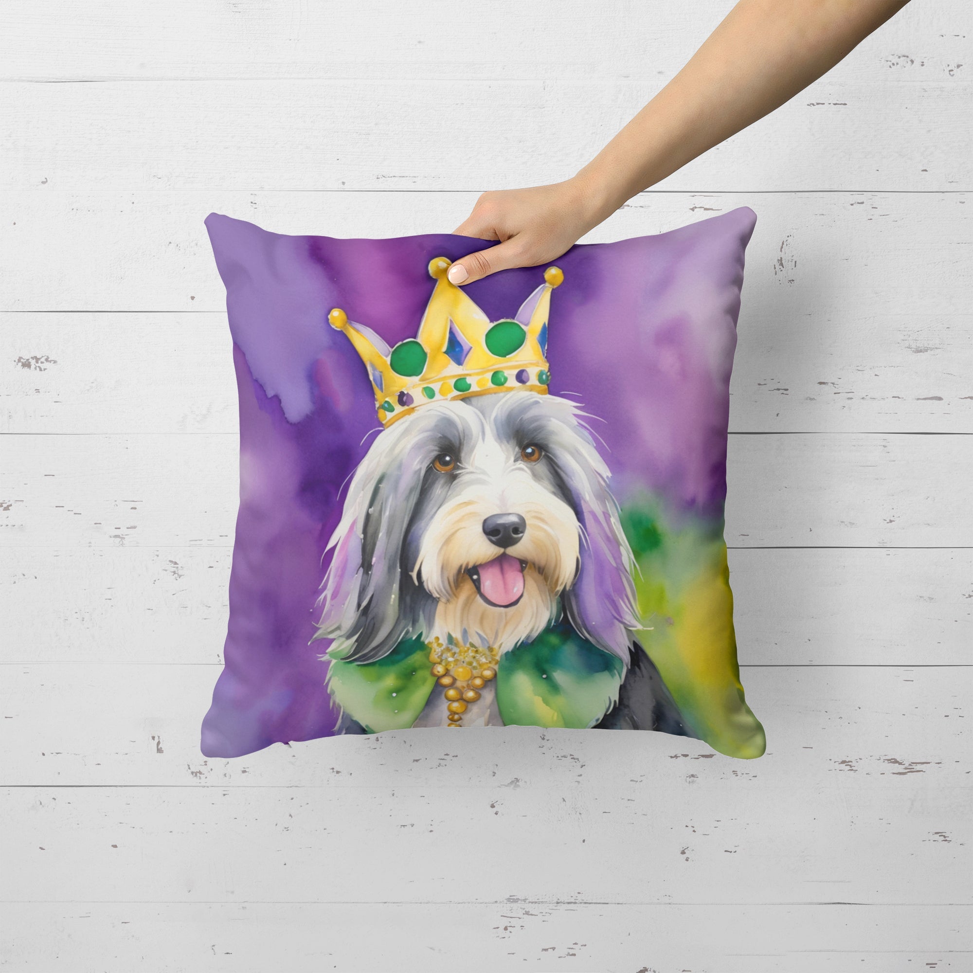 Bearded Collie King of Mardi Gras Decorative Throw Pillow 18x18 Indoor Outdoor Accent Cushion, Fabric Cover with Insert for Sofa, Bed, Porch & Living Room
