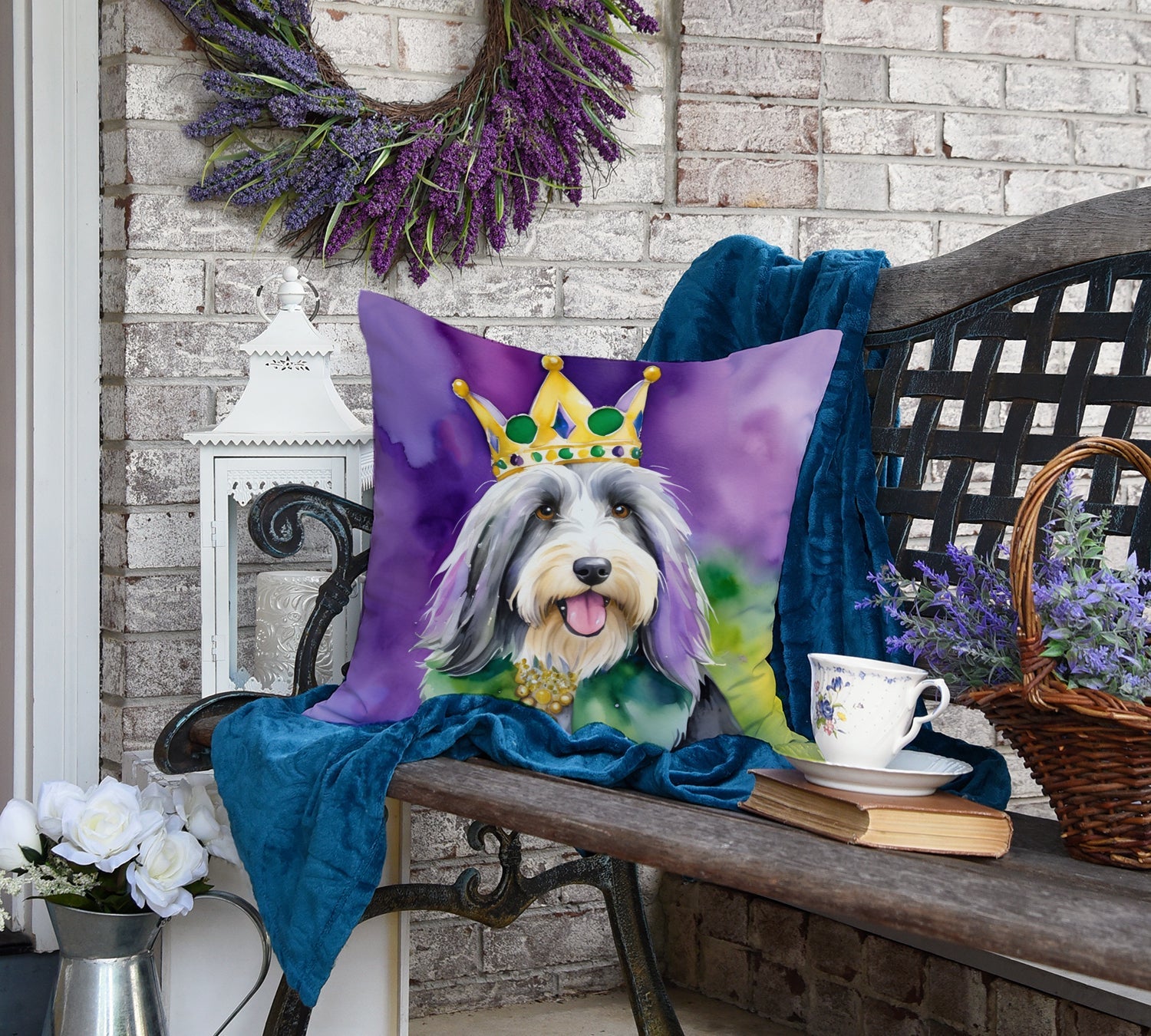 Bearded Collie King of Mardi Gras Decorative Throw Pillow 18x18 Indoor Outdoor Accent Cushion, Fabric Cover with Insert for Sofa, Bed, Porch & Living Room