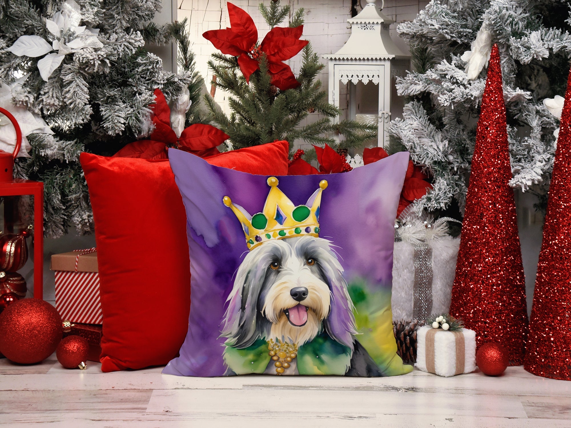 Bearded Collie King of Mardi Gras Decorative Throw Pillow 18x18 Indoor Outdoor Accent Cushion, Fabric Cover with Insert for Sofa, Bed, Porch & Living Room