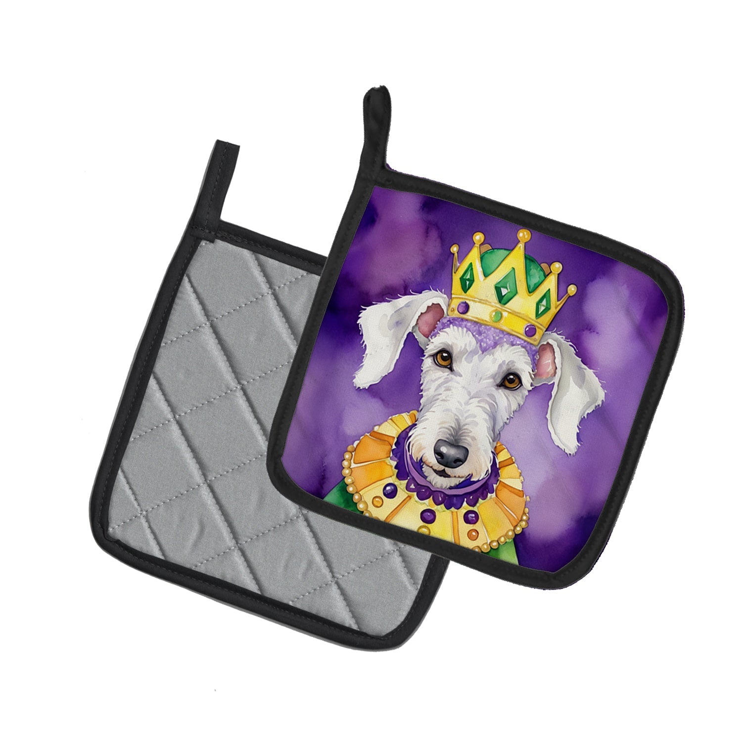 Bedlington Terrier King of Mardi Gras Pot Holder Set of 2 Heat Resistant Quilted Hot Pads 7.5 x 7.5 Inch, Insulated Kitchen Trivets for Cooking & Baking