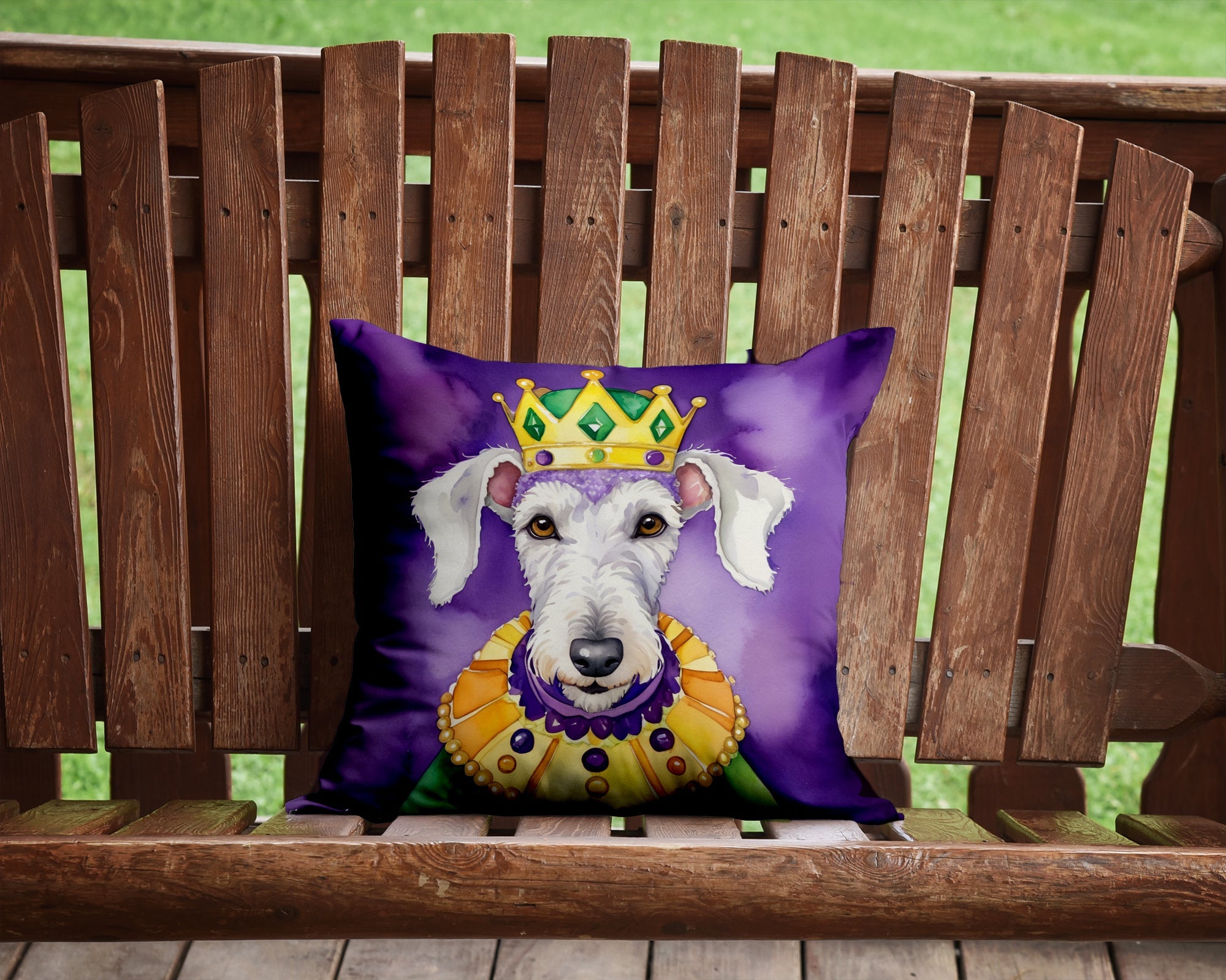 Bedlington Terrier King of Mardi Gras Decorative Throw Pillow 14x14 Indoor Outdoor Accent Cushion, Fabric Cover with Insert for Sofa, Bed, Porch & Living Room