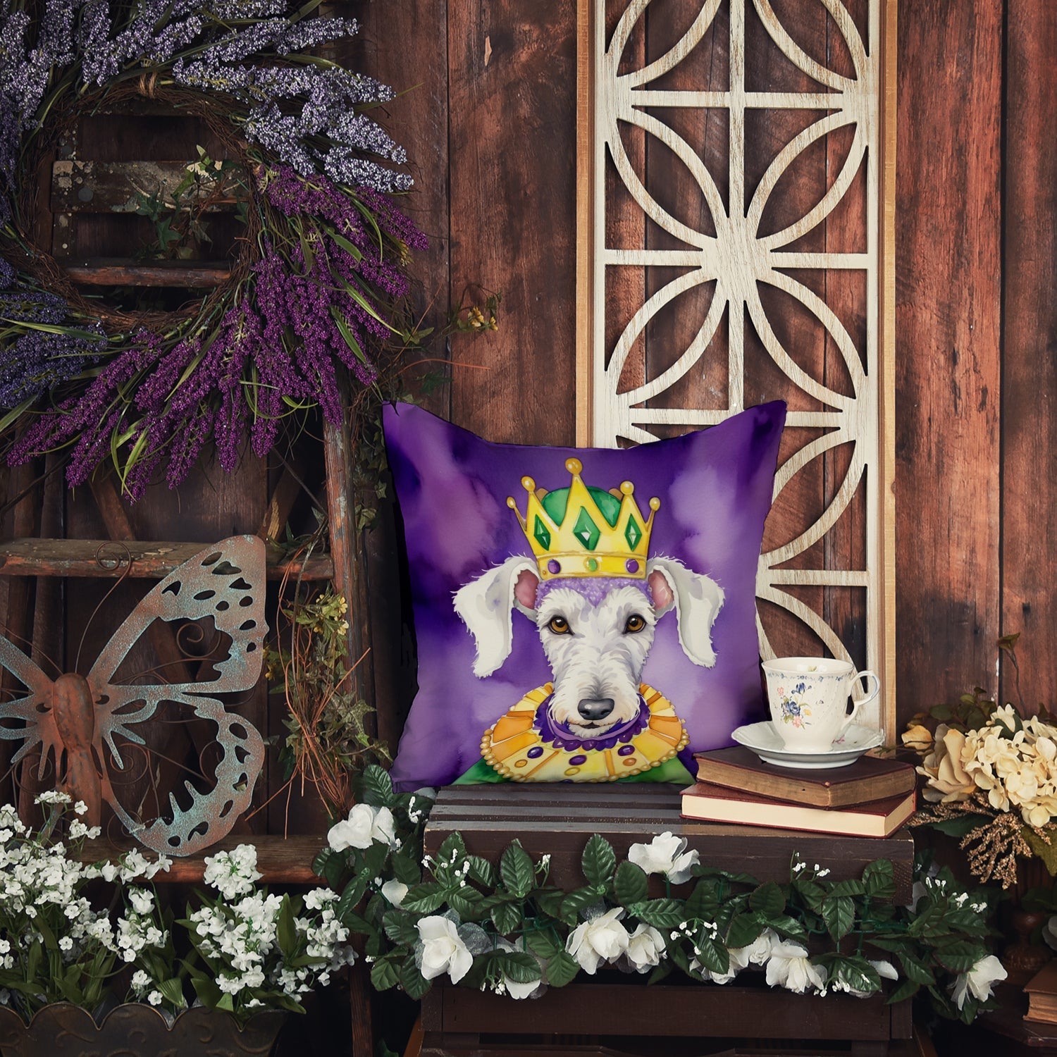 Bedlington Terrier King of Mardi Gras Decorative Throw Pillow 14x14 Indoor Outdoor Accent Cushion, Fabric Cover with Insert for Sofa, Bed, Porch & Living Room