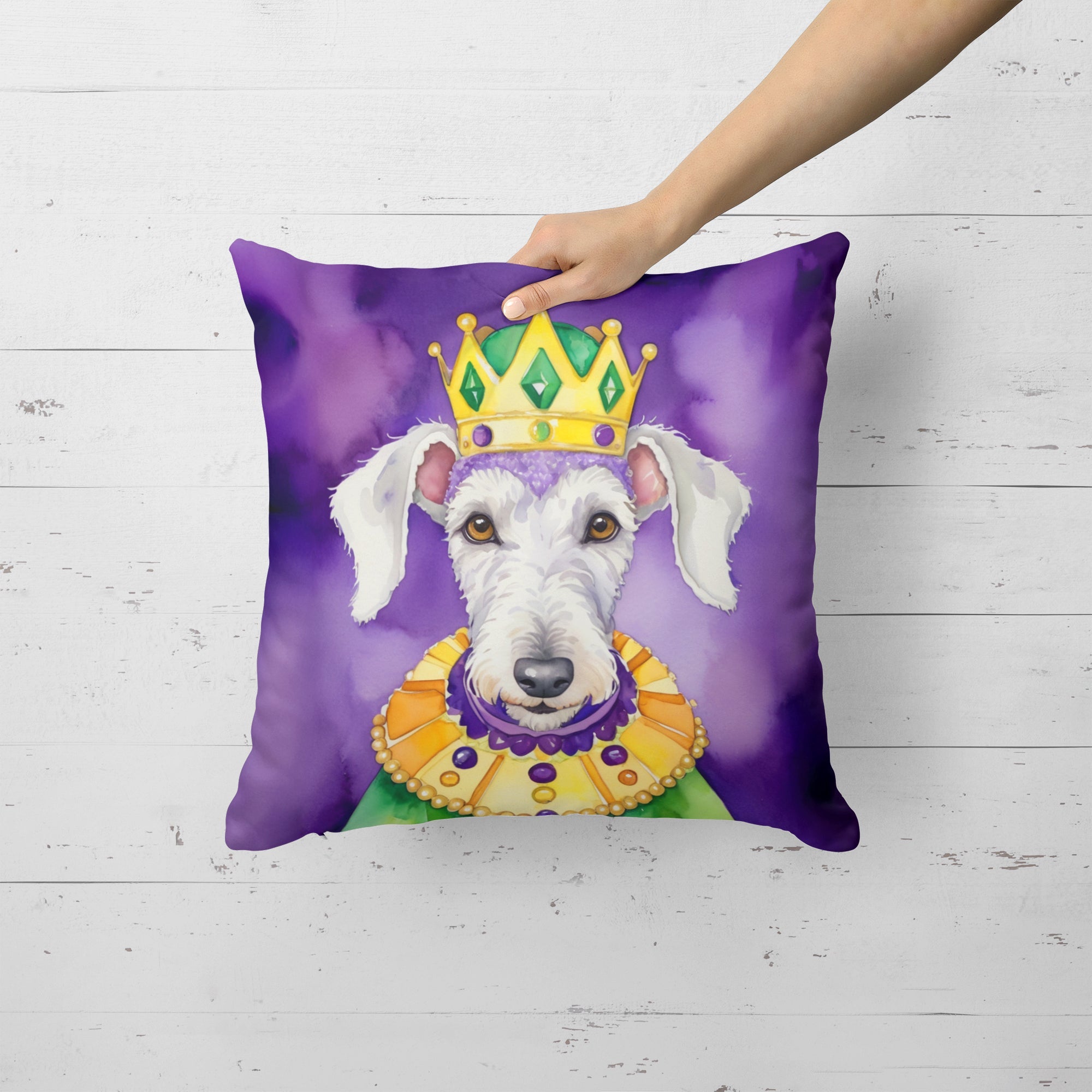 Bedlington Terrier King of Mardi Gras Decorative Throw Pillow 18x18 Indoor Outdoor Accent Cushion, Fabric Cover with Insert for Sofa, Bed, Porch & Living Room