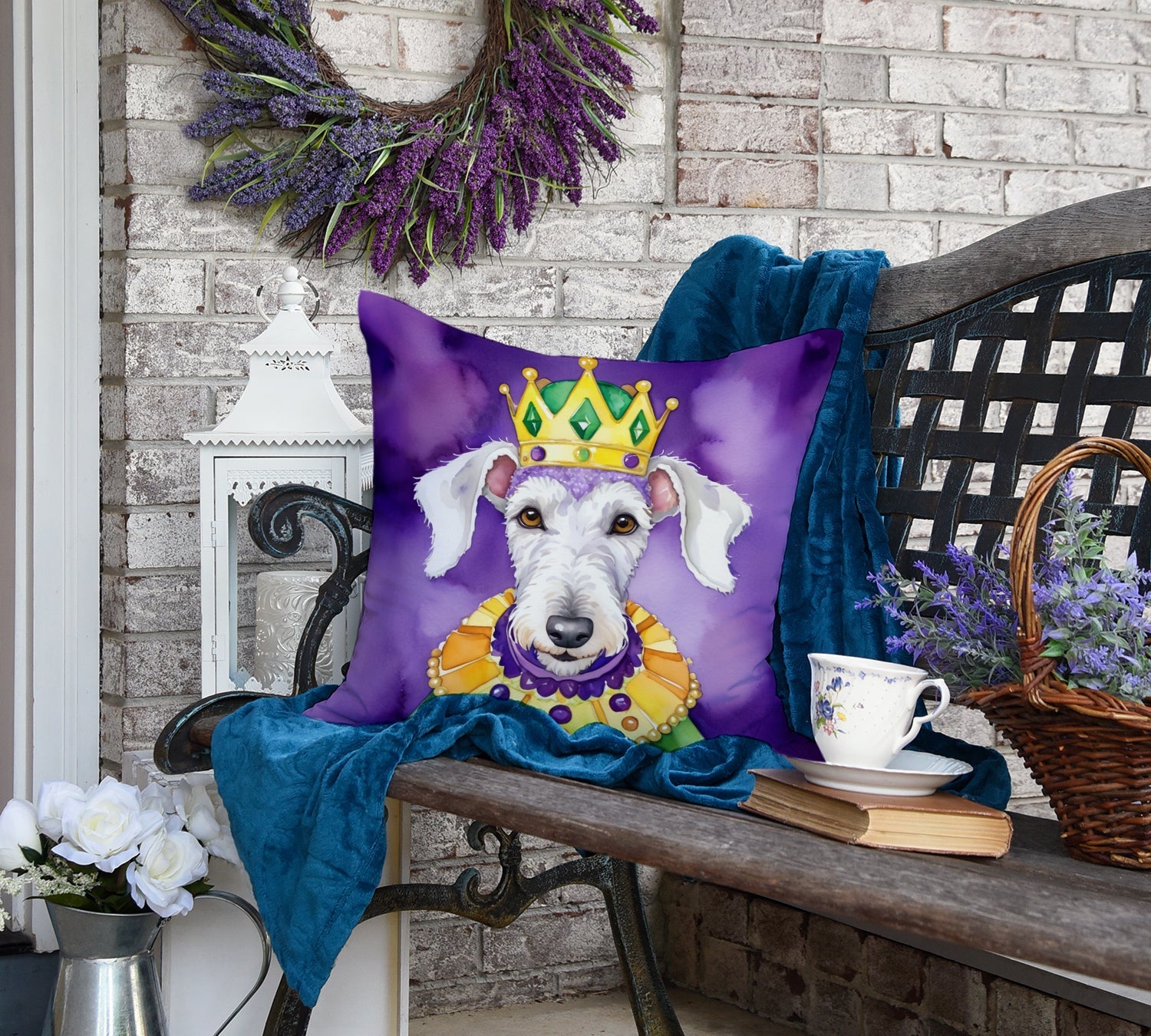 Bedlington Terrier King of Mardi Gras Decorative Throw Pillow 18x18 Indoor Outdoor Accent Cushion, Fabric Cover with Insert for Sofa, Bed, Porch & Living Room